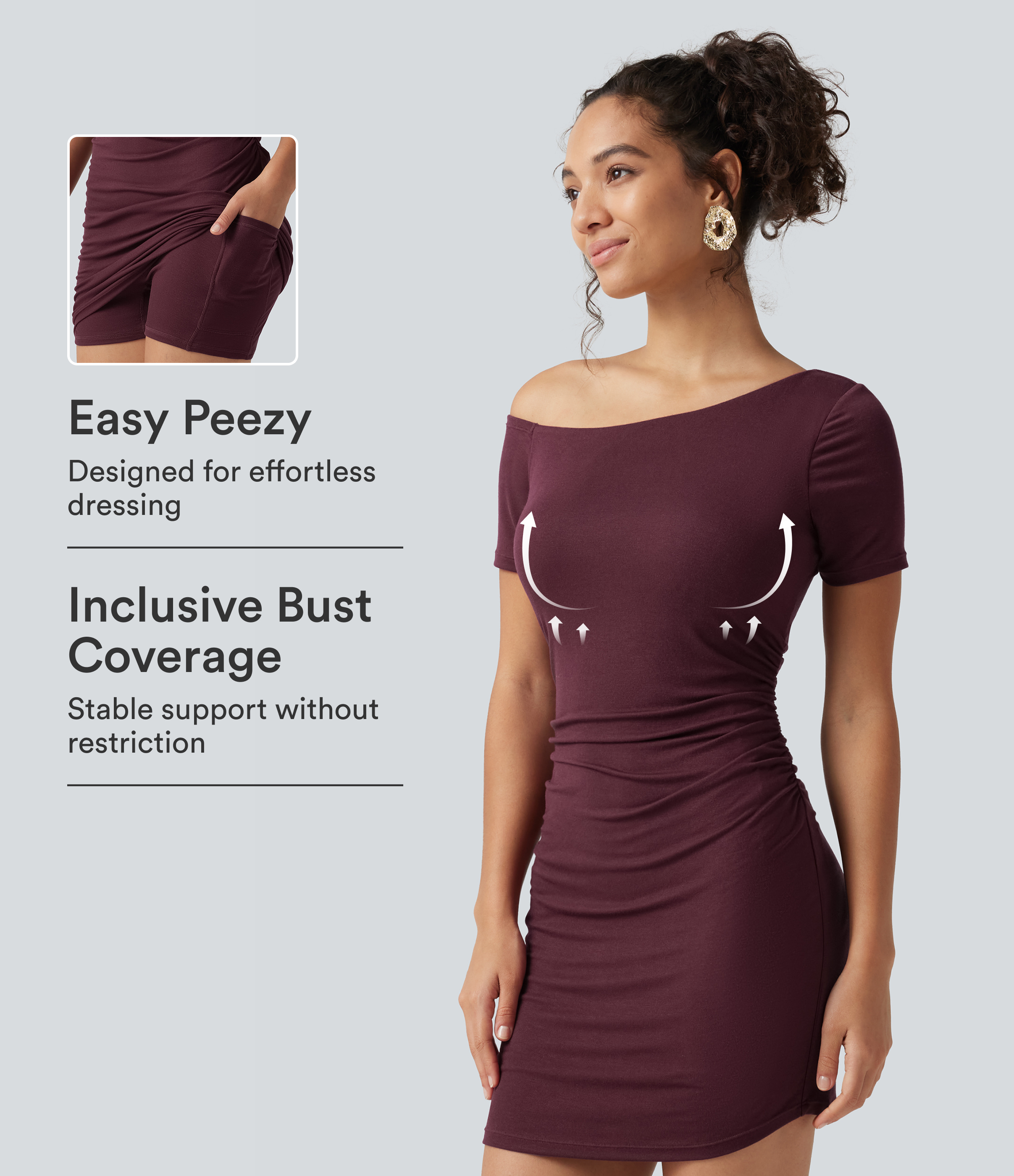 Ribbed One Shoulder Built-in Bra Short Sleeve Bodycon 2-in-1 Mini Casual Dress with Pockets-Easy Peezy Edition B-D Cups