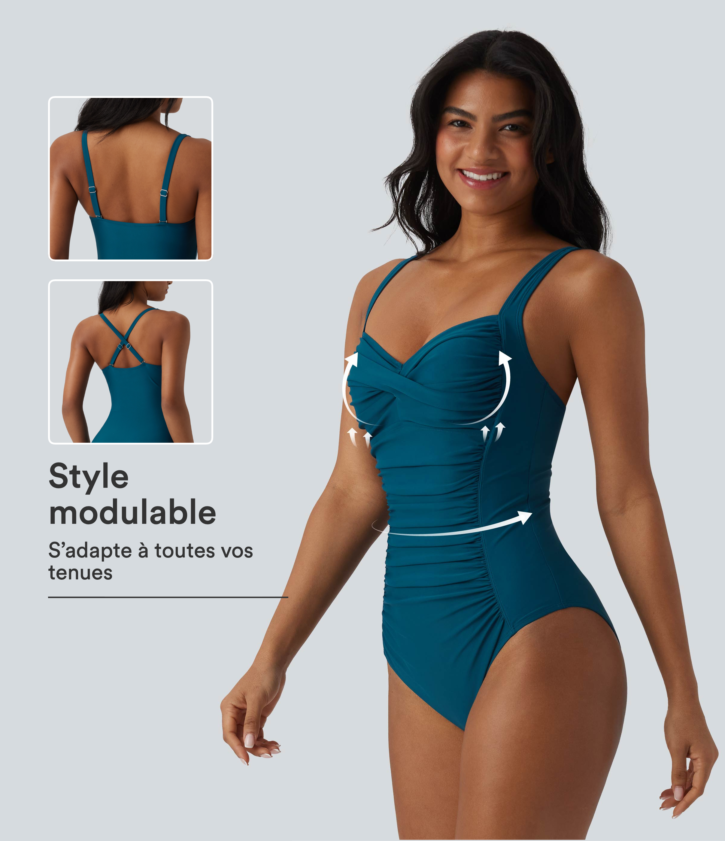 Maillot de bain une pièce gainant push-up col Queen Anne bretelles ajustables torsadé froncé