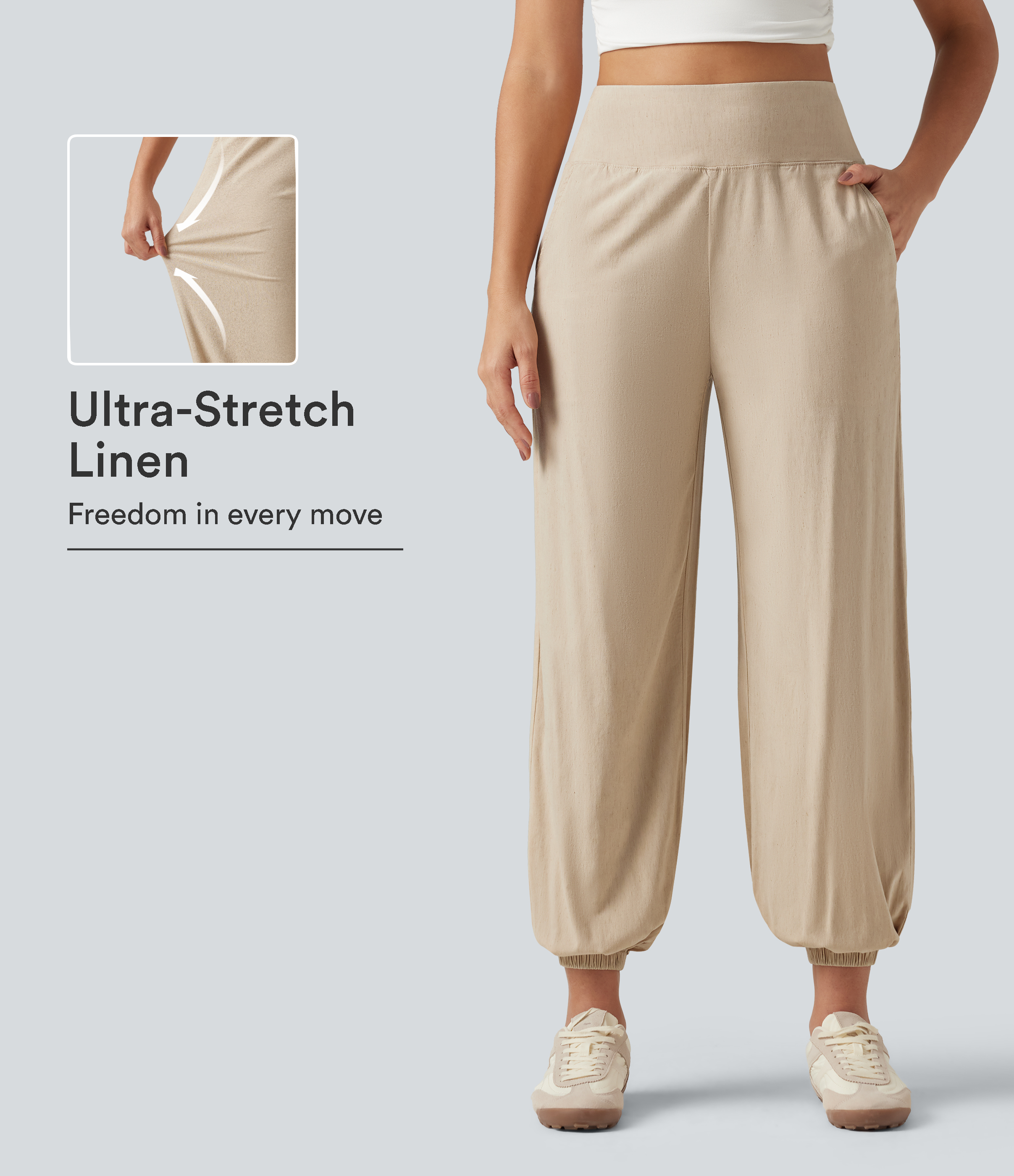 High Waisted Casual Stretch Linen Joggers with Pockets