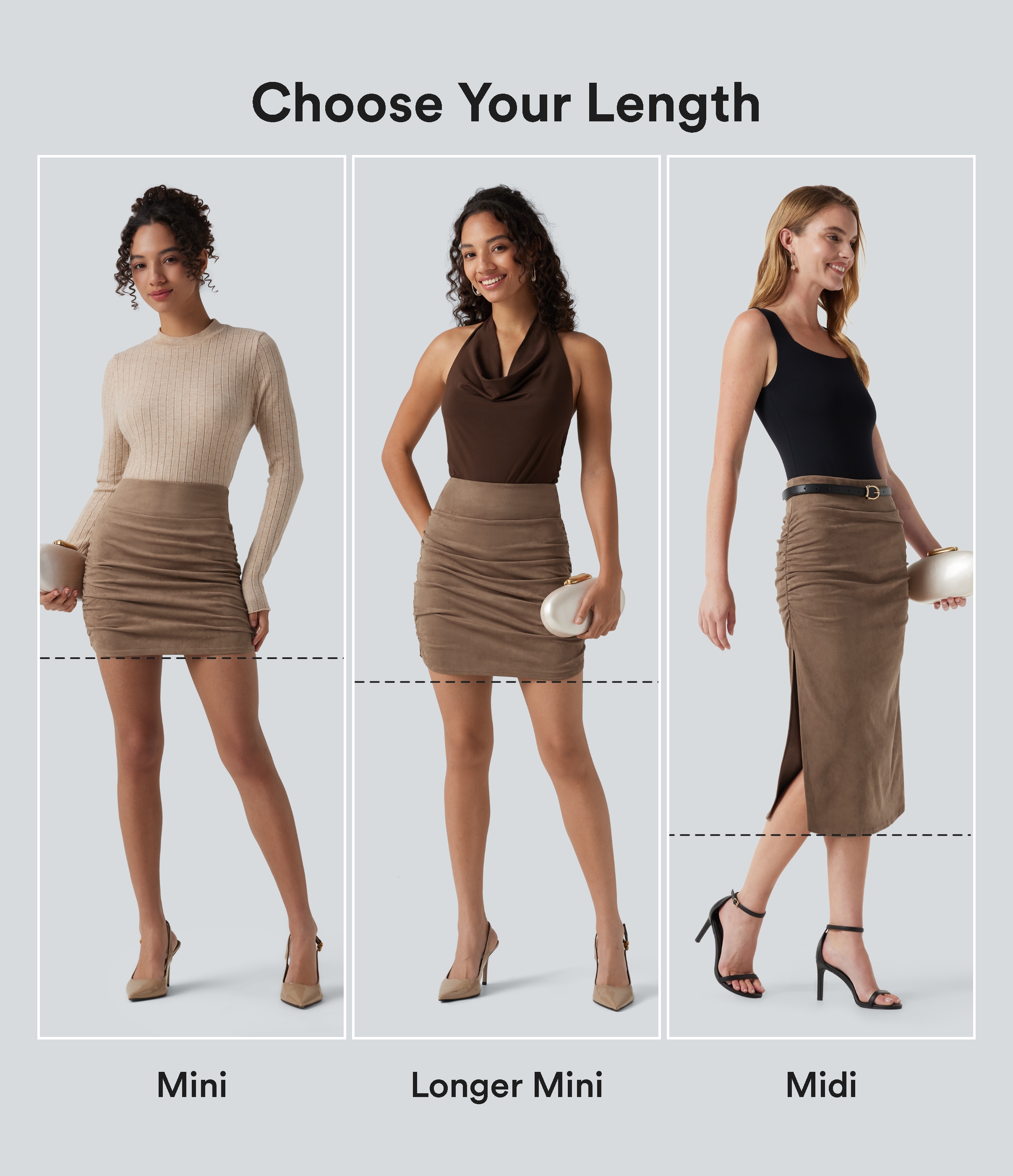 Coca Mocha High Waisted Tummy Control Ruched Curved Hem Bodycon 2-in-1 Suede Mini Skirt / 2