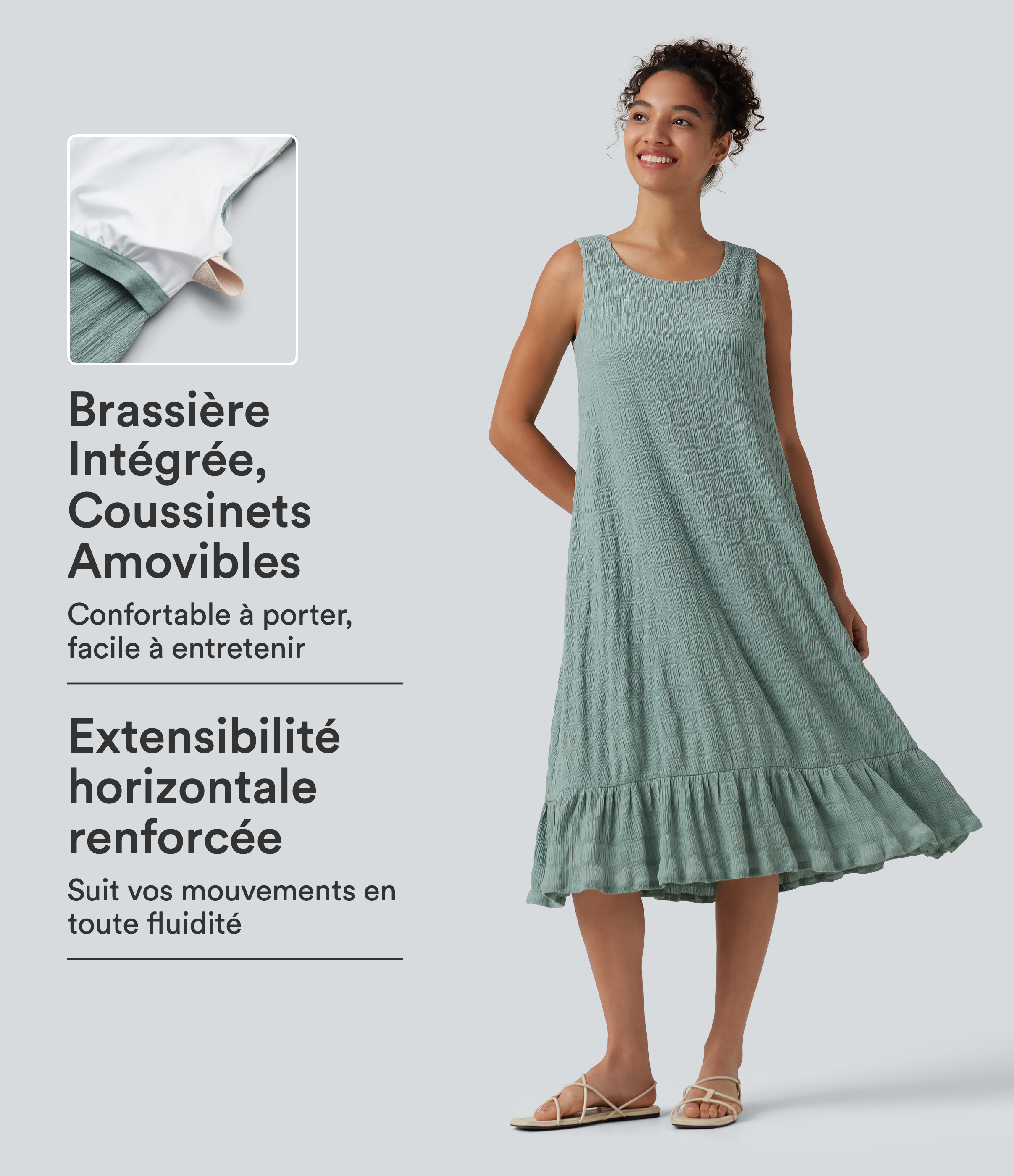 Robe midi sans manches à encolure arrondie avec coussinets amovibles et ourlet à volants
