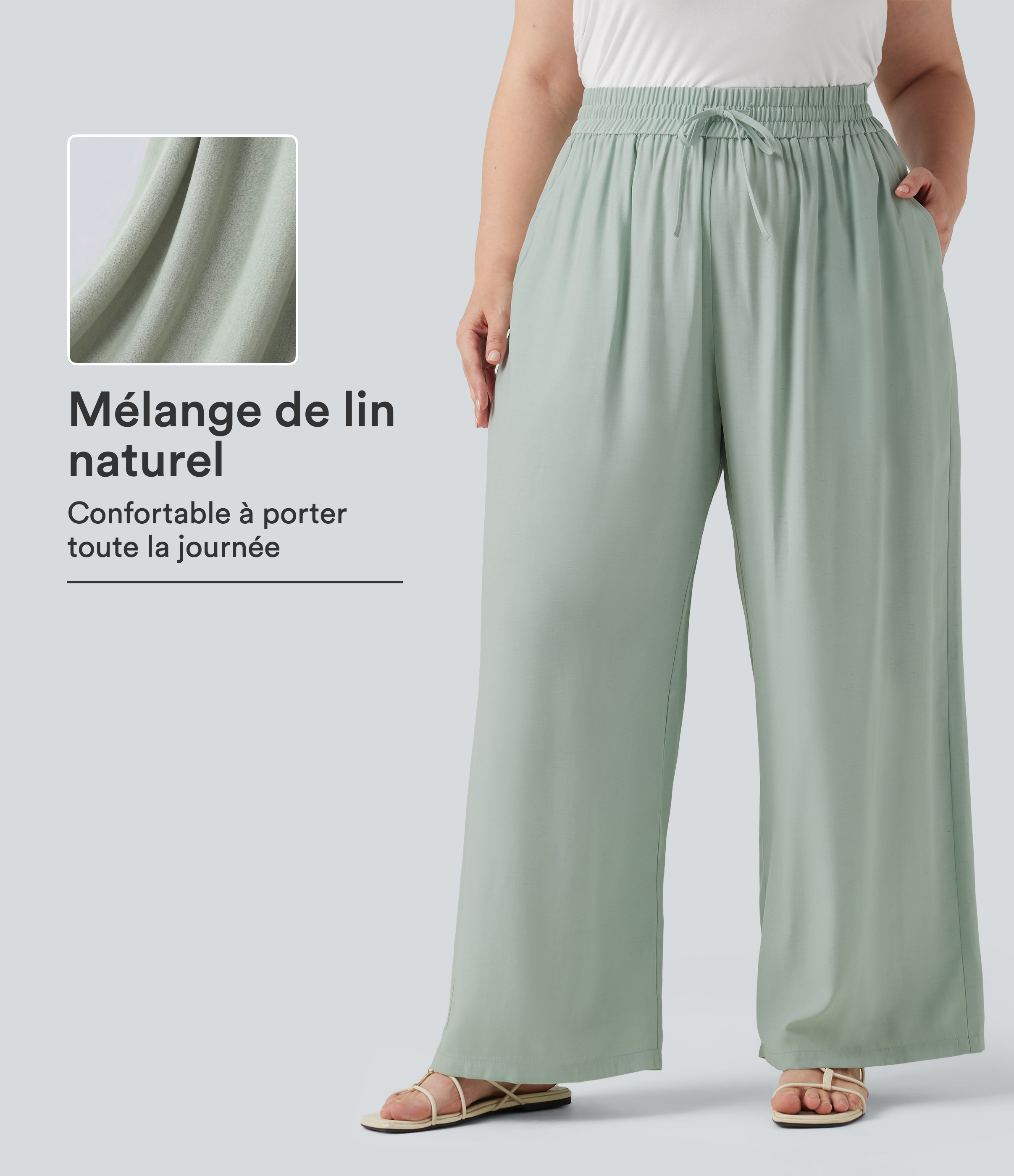 Pantalon large grande taille taille haute avec cordon de serrage et poches