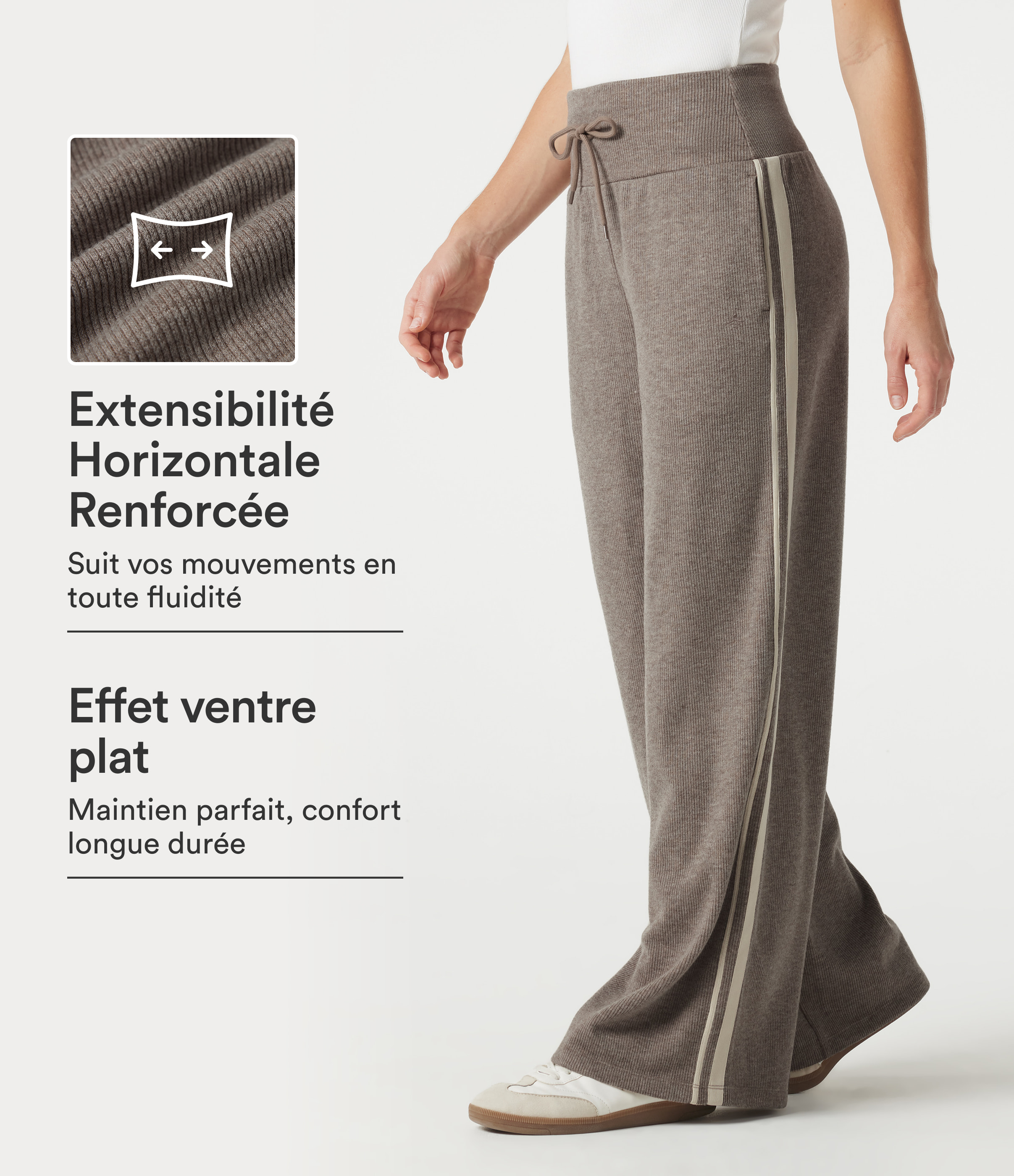 Pantalon baggy côtelé taille haute gainant avec cordon ajustable, bandes latérales et poches