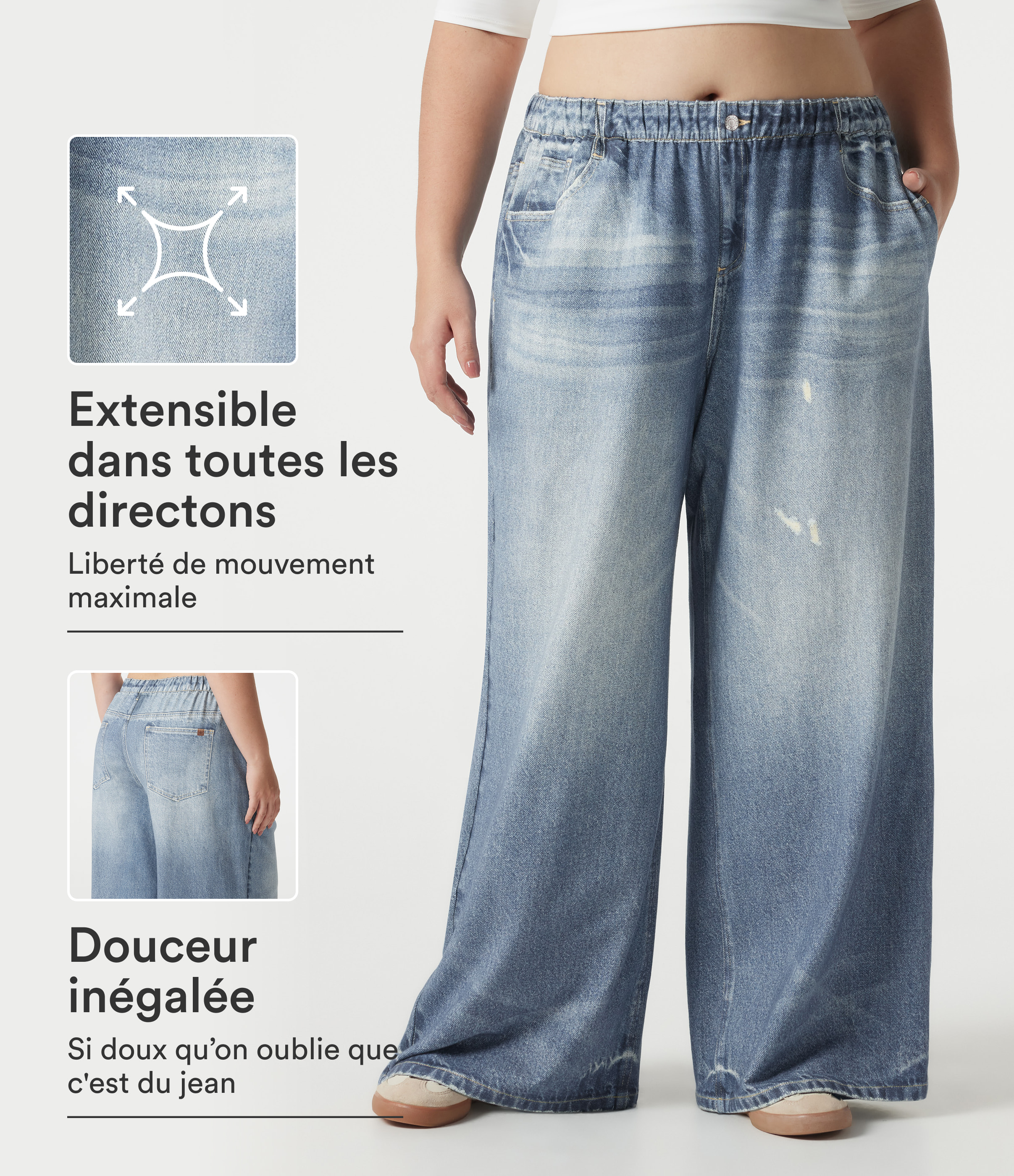 Light Ocean Denim Pantalon jogging grande taille en molleton French Terry effet jean avec poches / 1