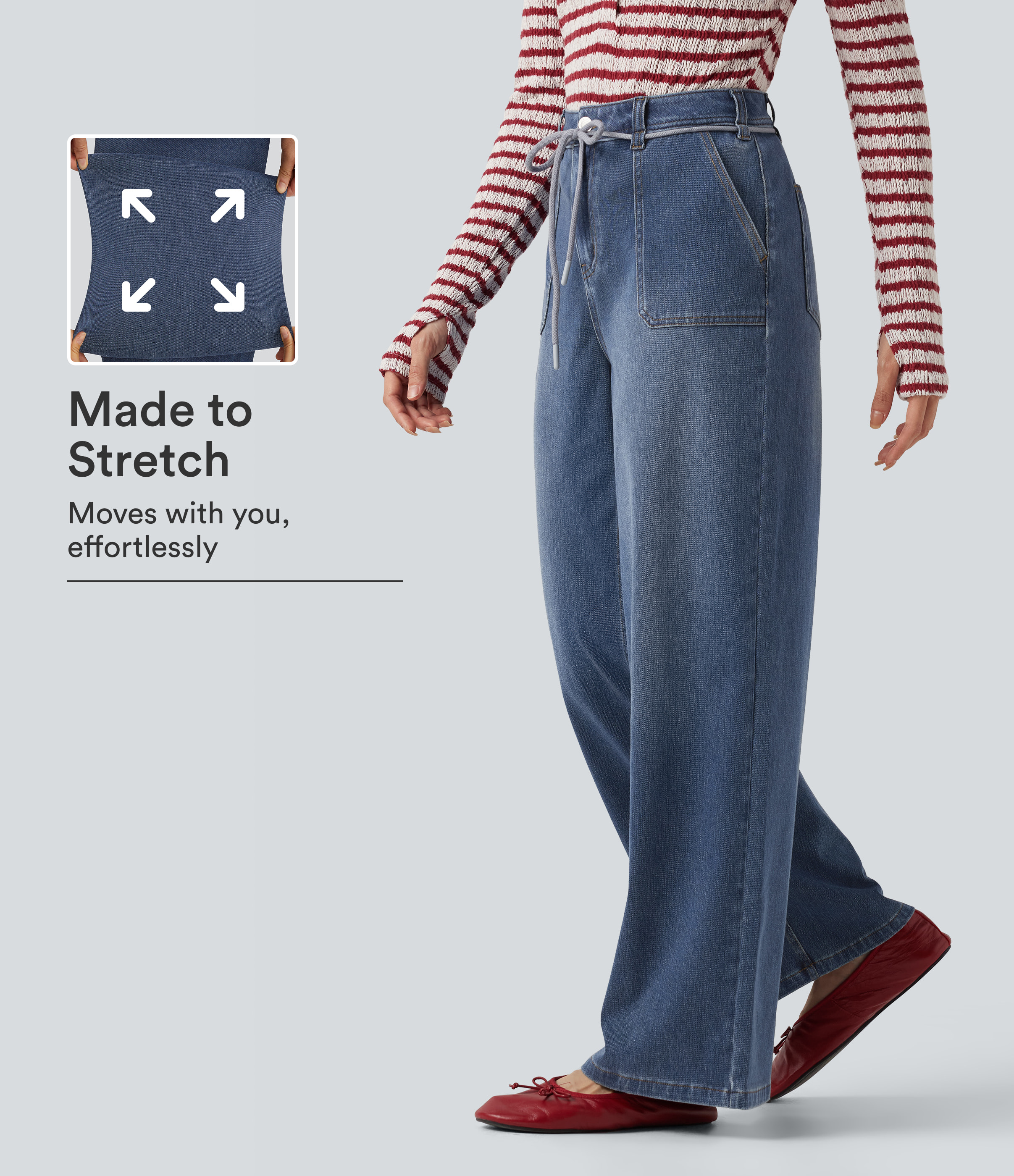 Halara Flex™ Mid Rise Drawstring Casual Baggy Straight Leg Jeans with Pockets