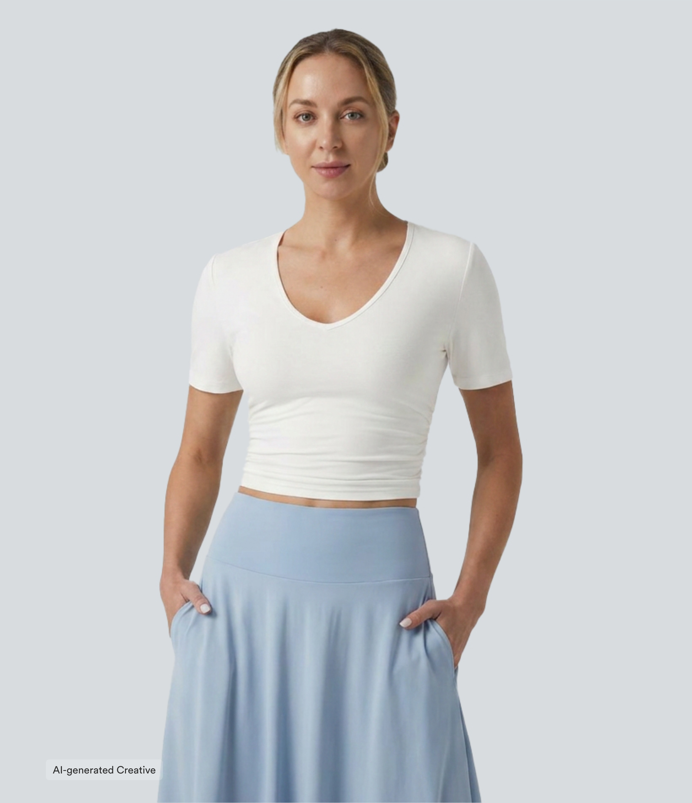 V Neck Short Sleeve Cropped Casual T-Shirt