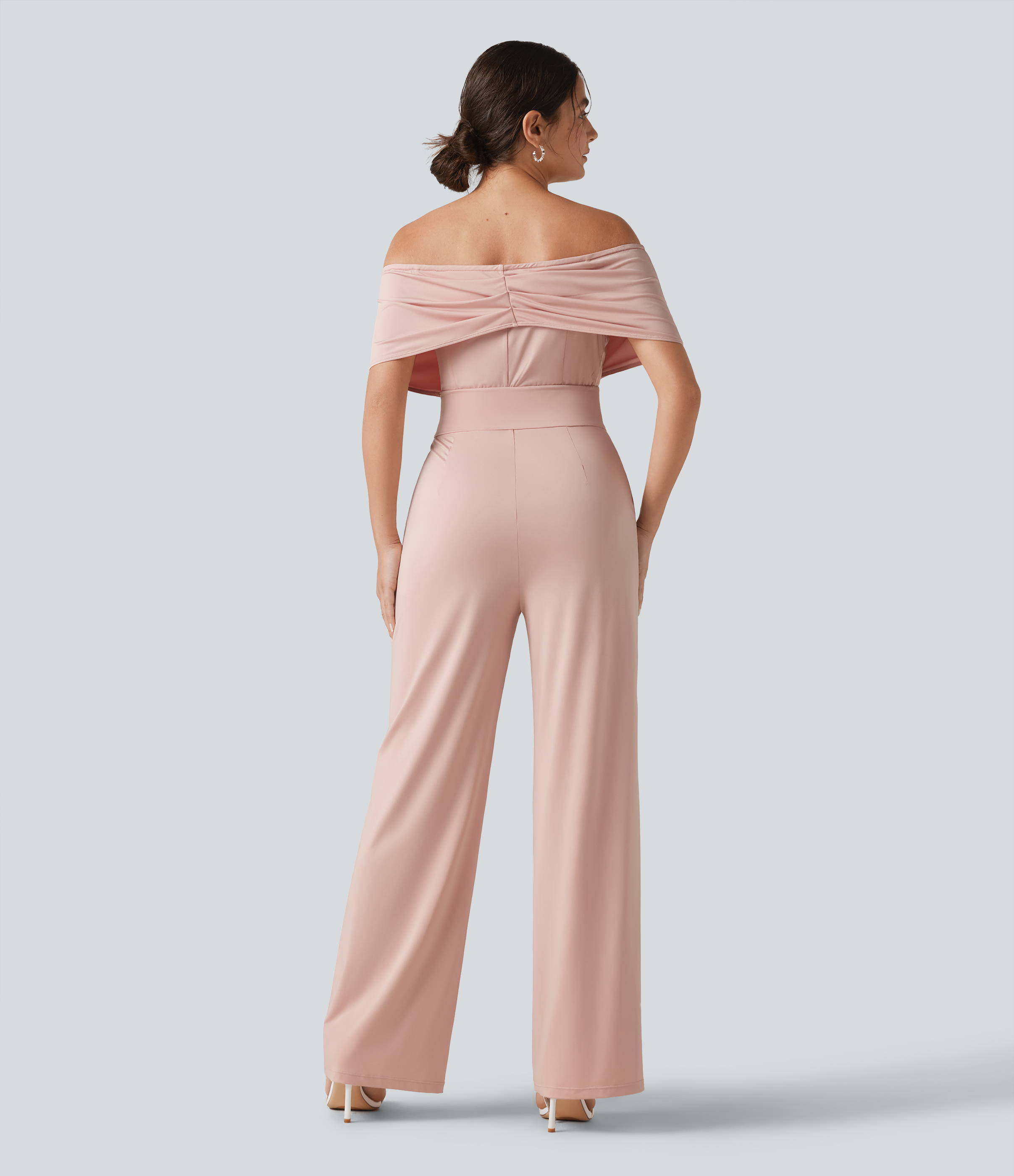 Peach Whip Off Shoulder Built-in Bra Short Sleeve Casual Jumpsuit with Pockets / 2