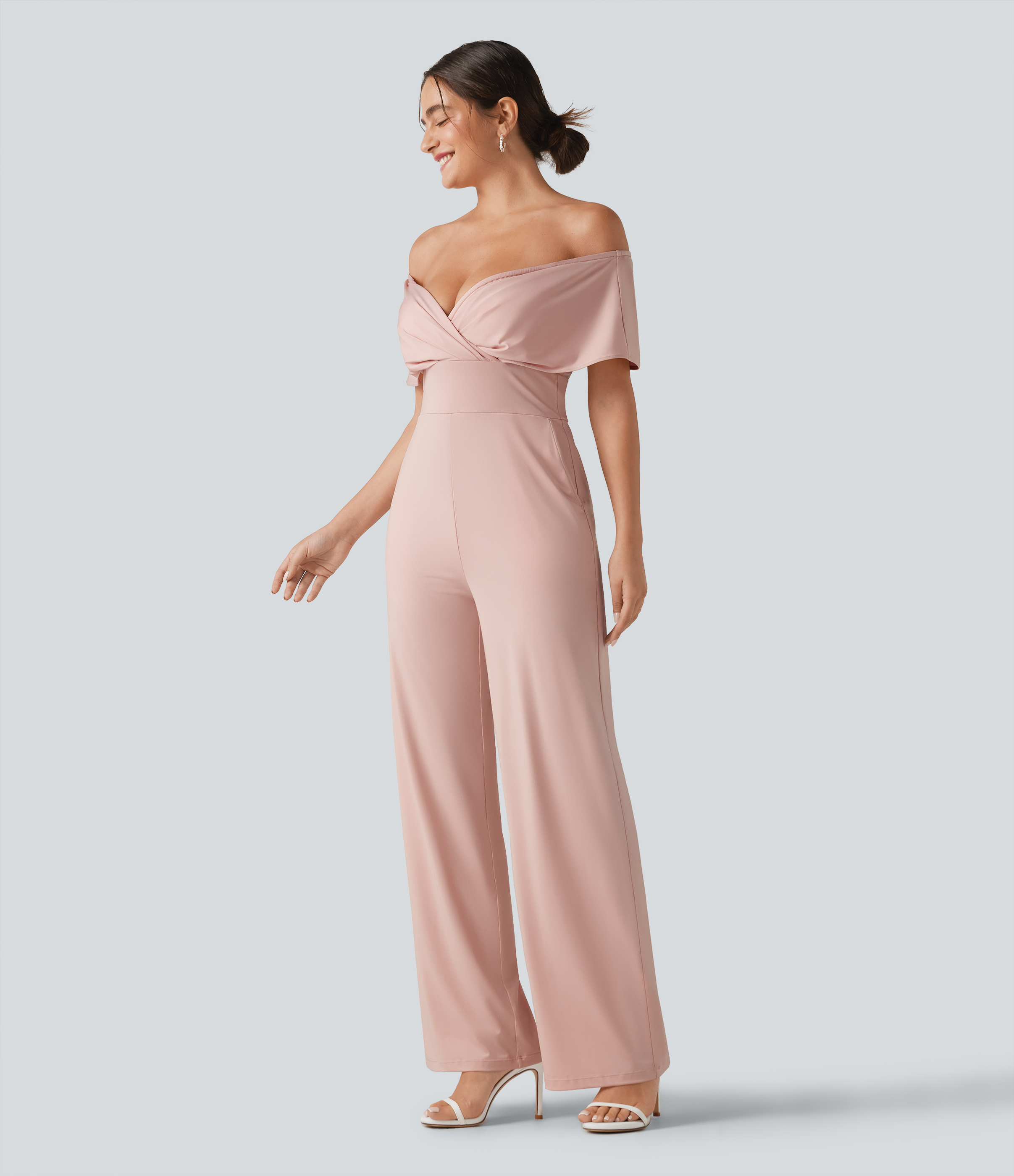 Off Shoulder Built-in Bra Short Sleeve Casual Jumpsuit with Pockets
