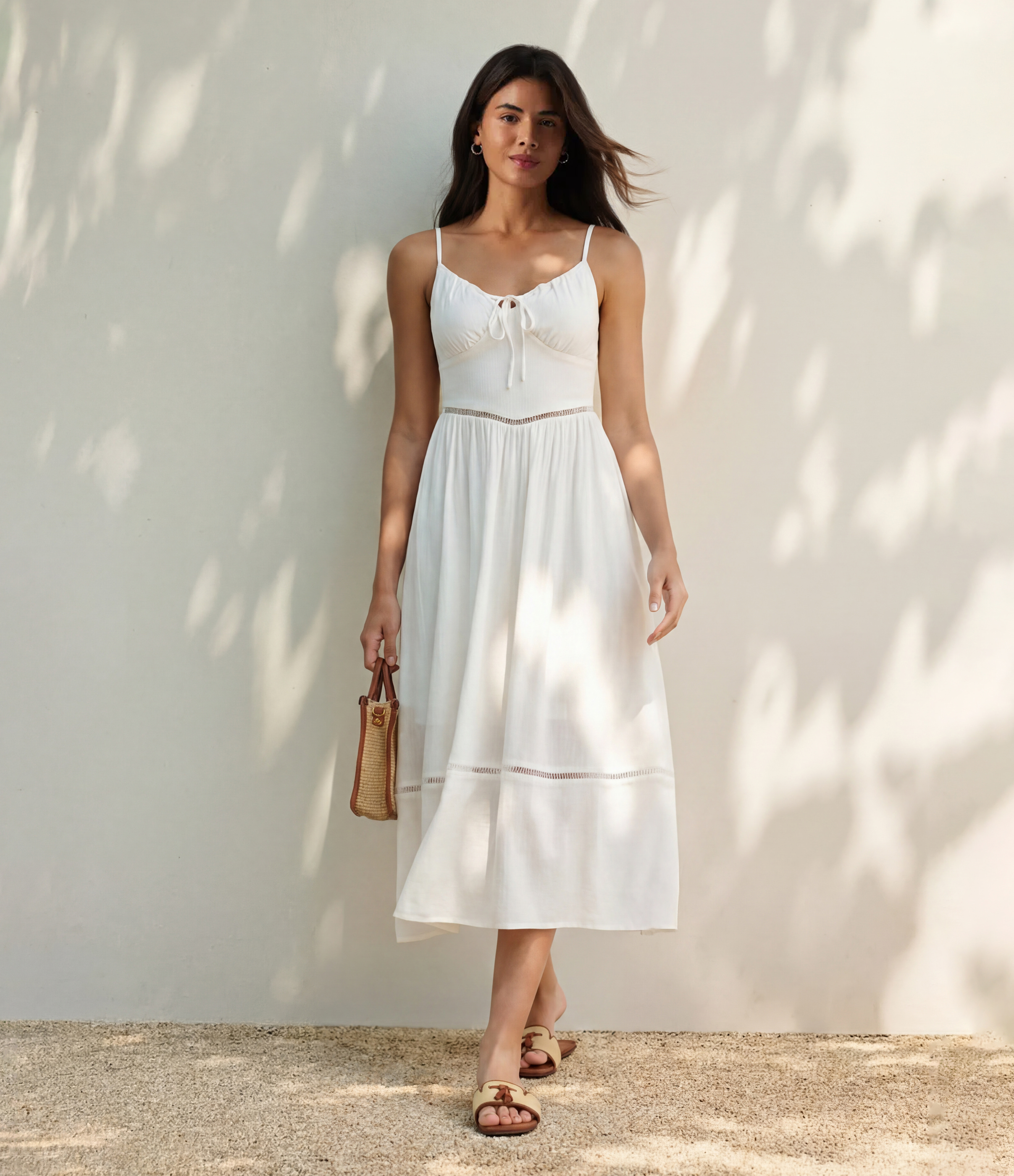 Tie Front Cut Out Midi Linen-Feel Slip Dress with Pockets