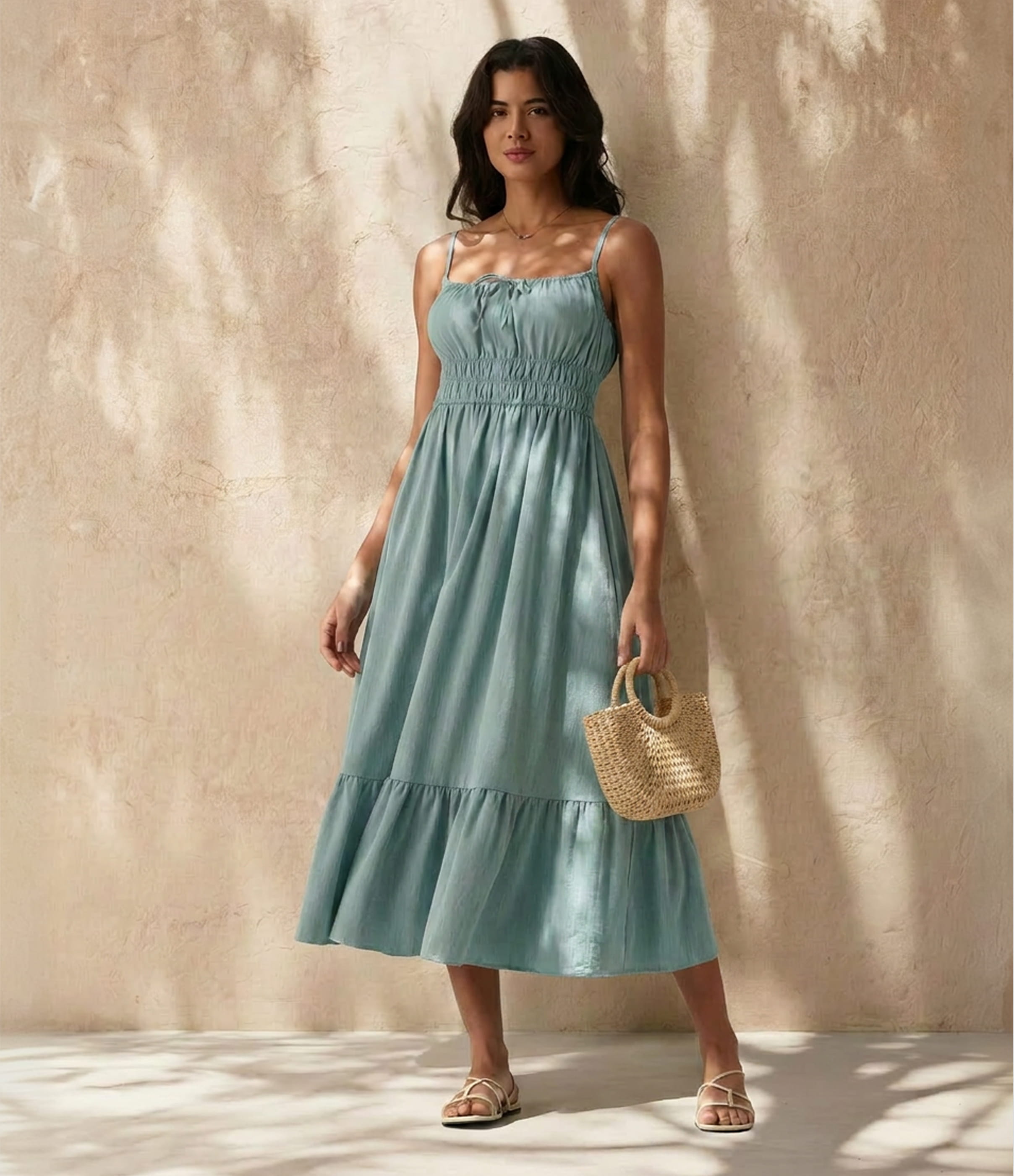 Vestido lencero midi fluido con nudo delantero, estilo casual y tacto lino