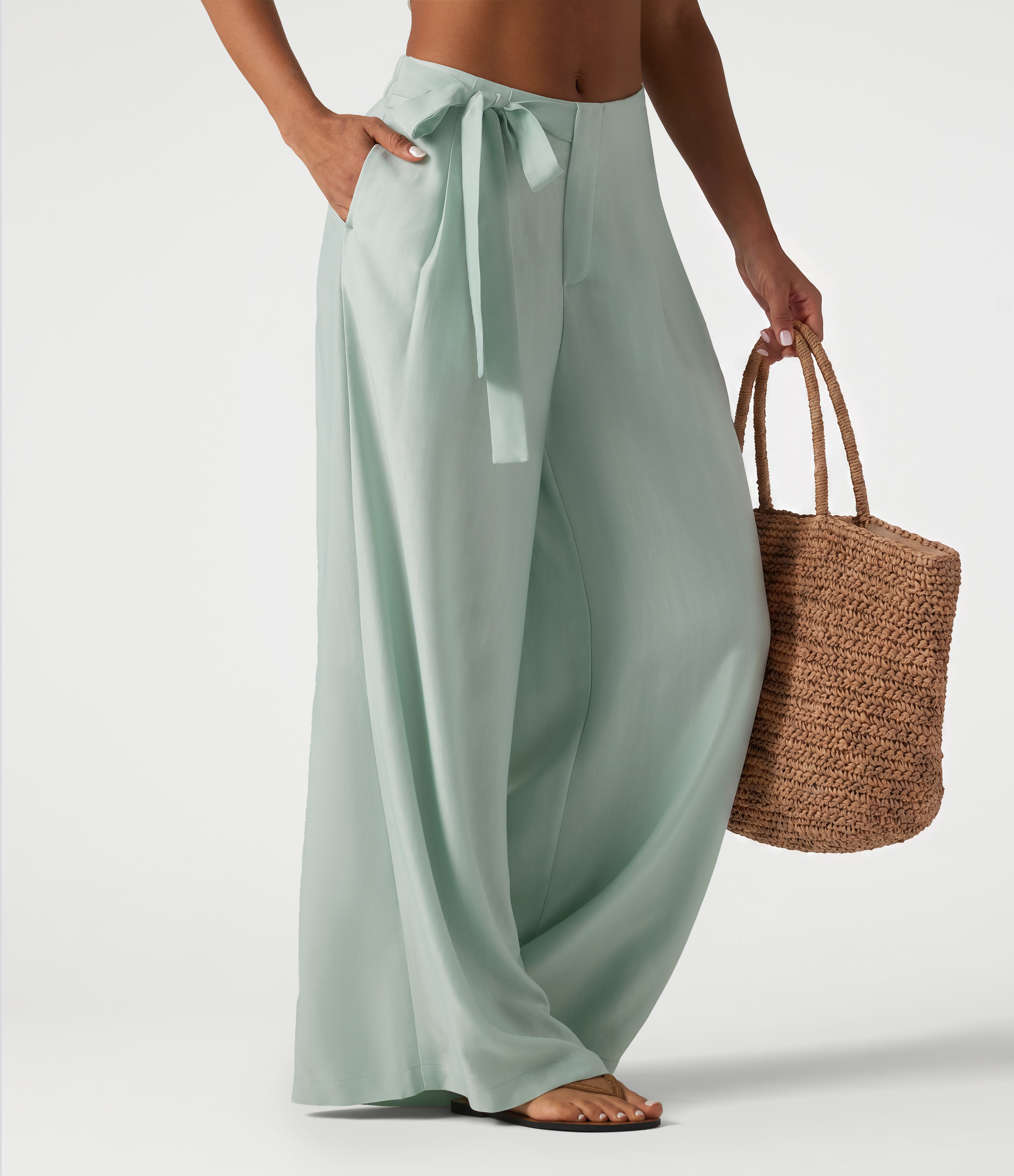 High Waisted Tie Side Baggy Linen-Blend Trousers with Pockets