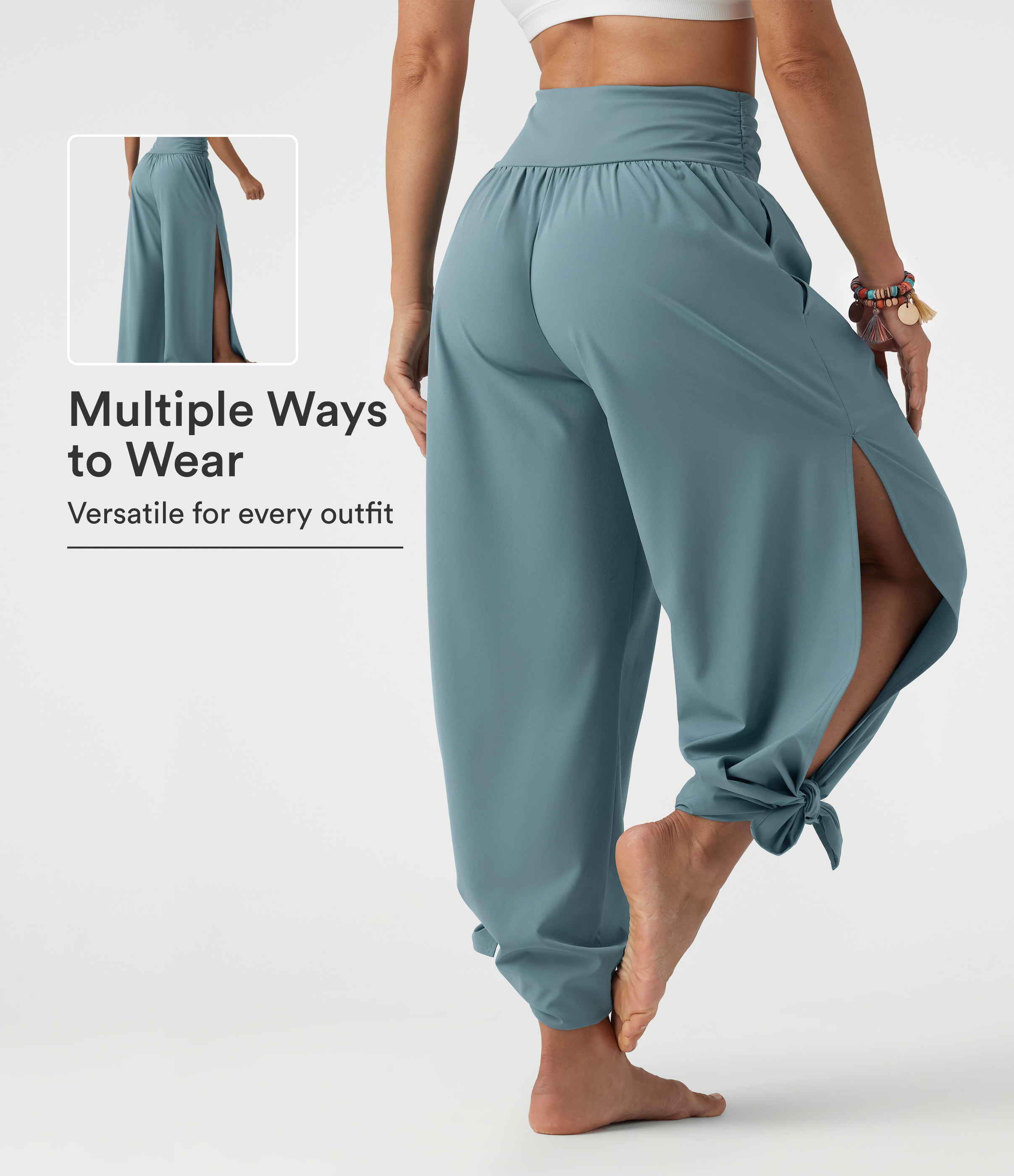 Breezeful™ High Waisted Ruched Split Quick Dry Resort Flowy Trousers with Pockets