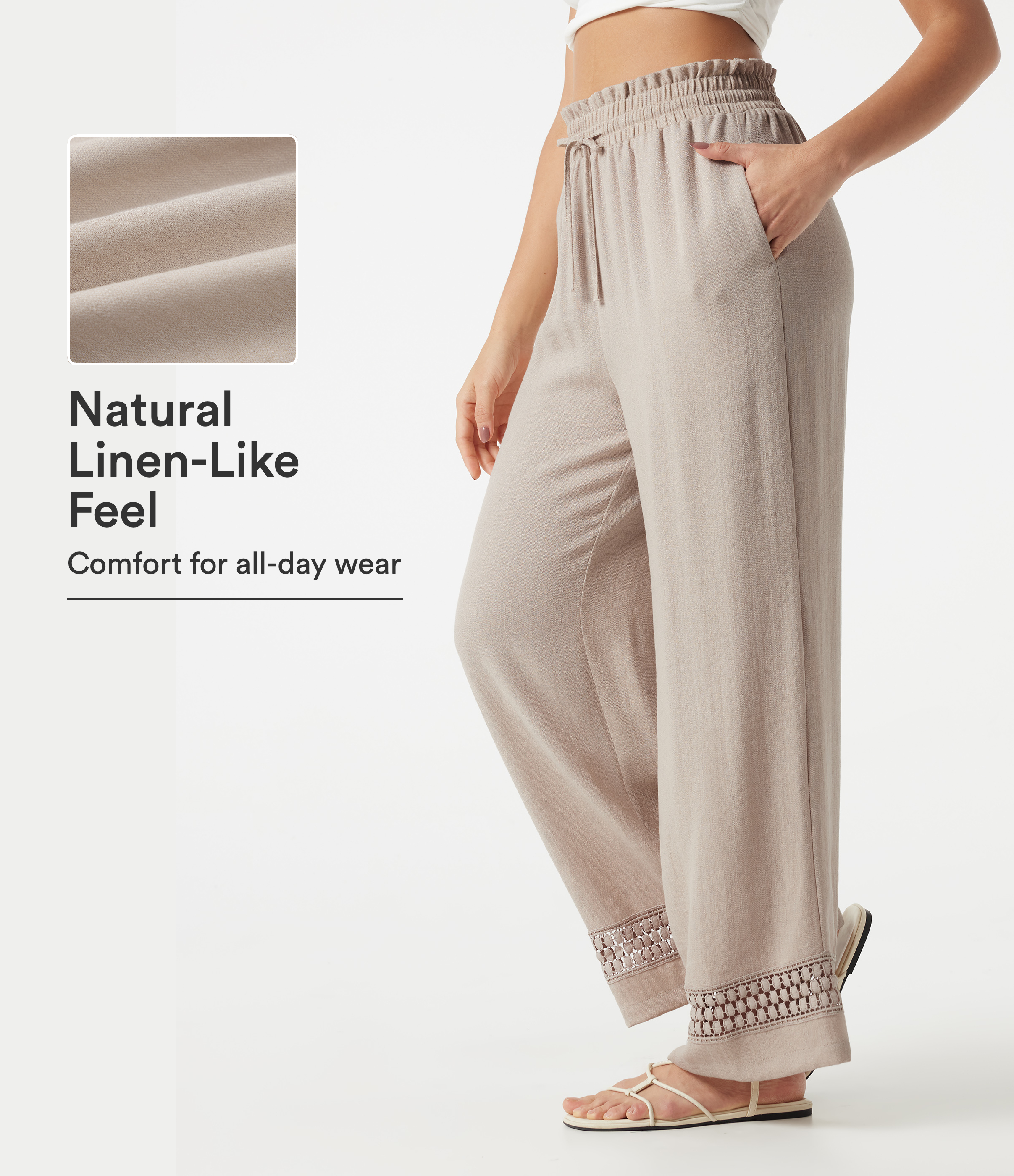 High Waisted Drawstring Casual Linen-Feel Pants with Pockets