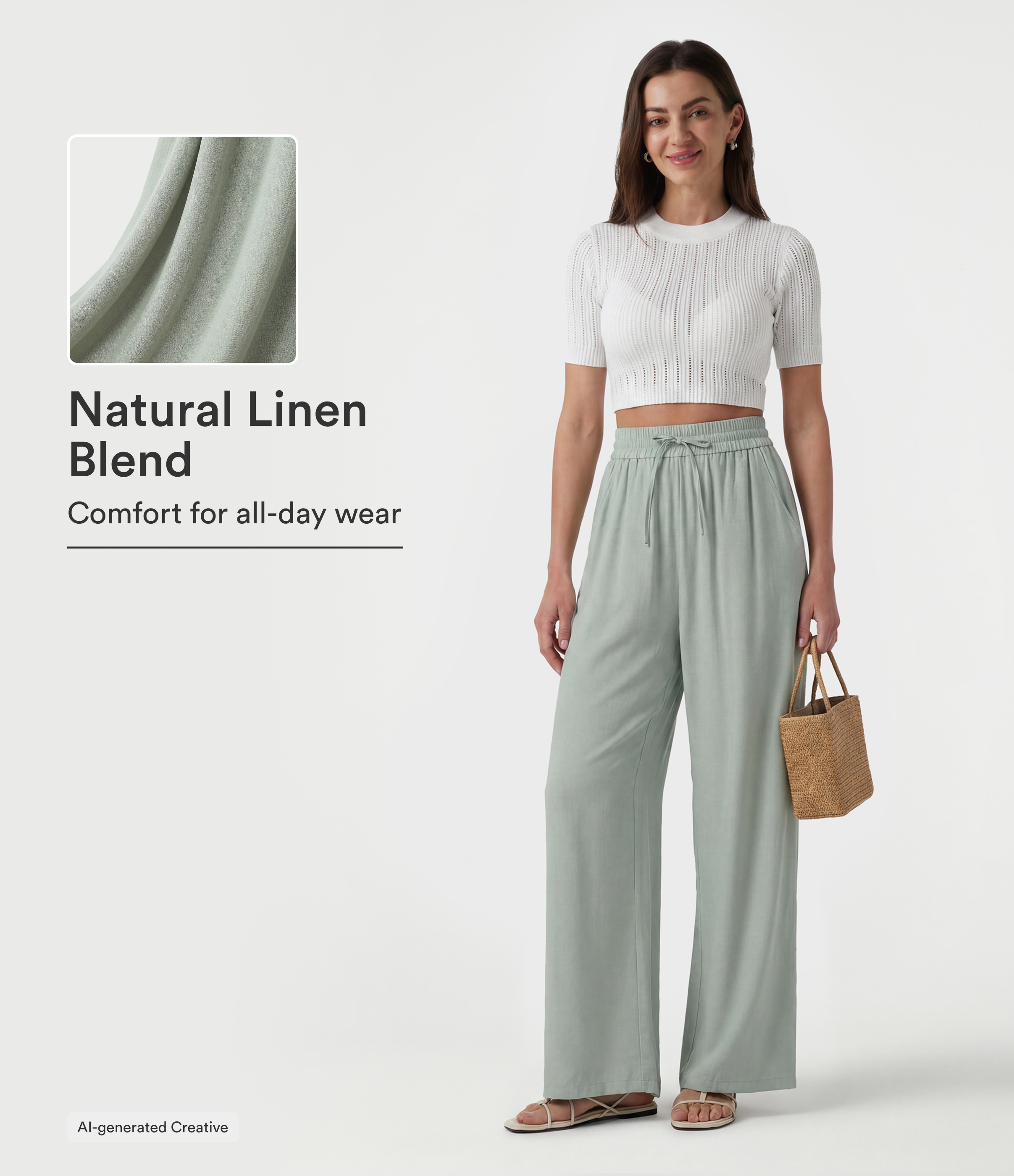 High Waisted Drawstring Wide Leg Casual Linen-Blend Trousers with Pockets