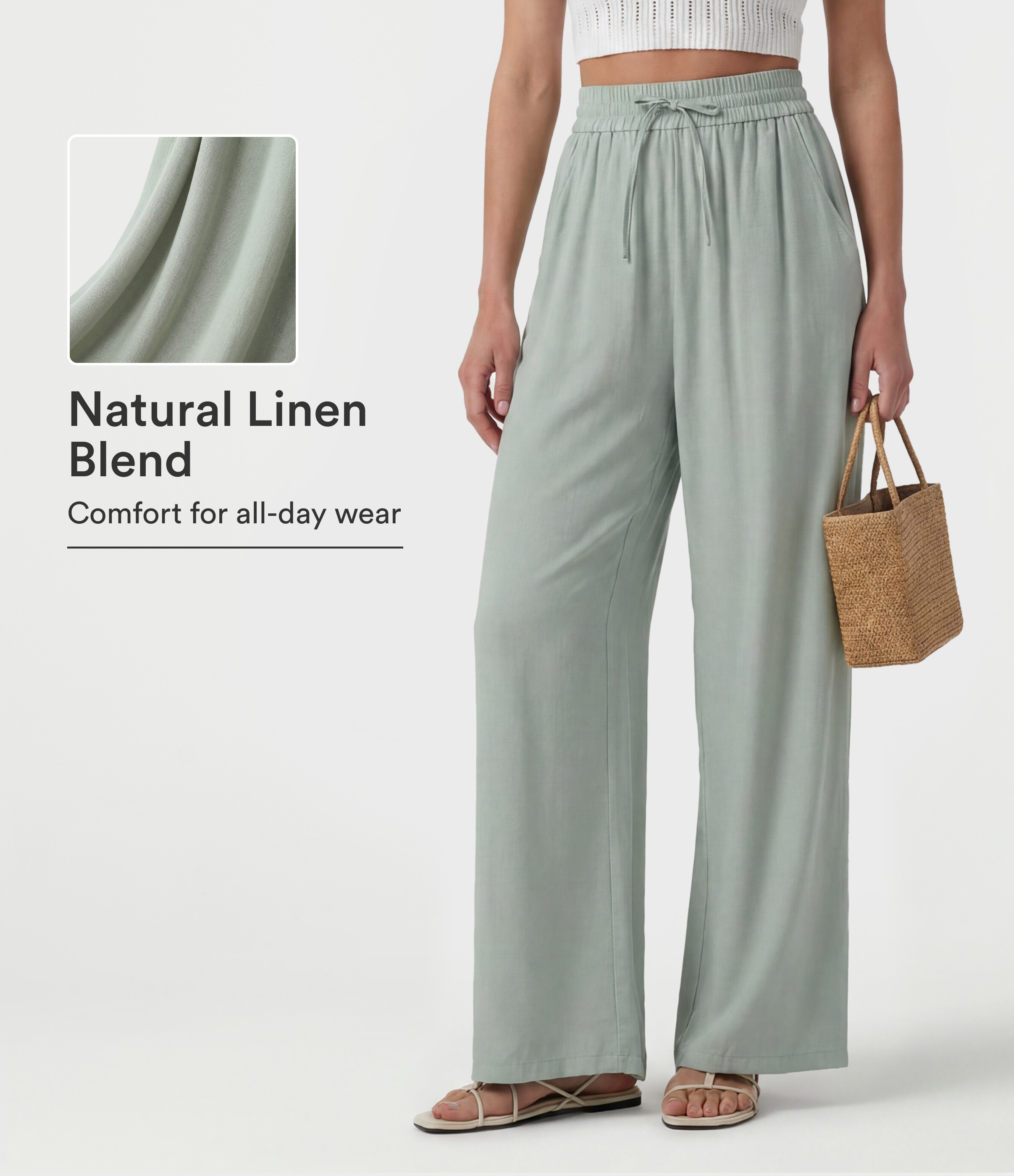 Pantalon décontracté taille haute à cordon, jambe large, en mélange de lin, avec poches