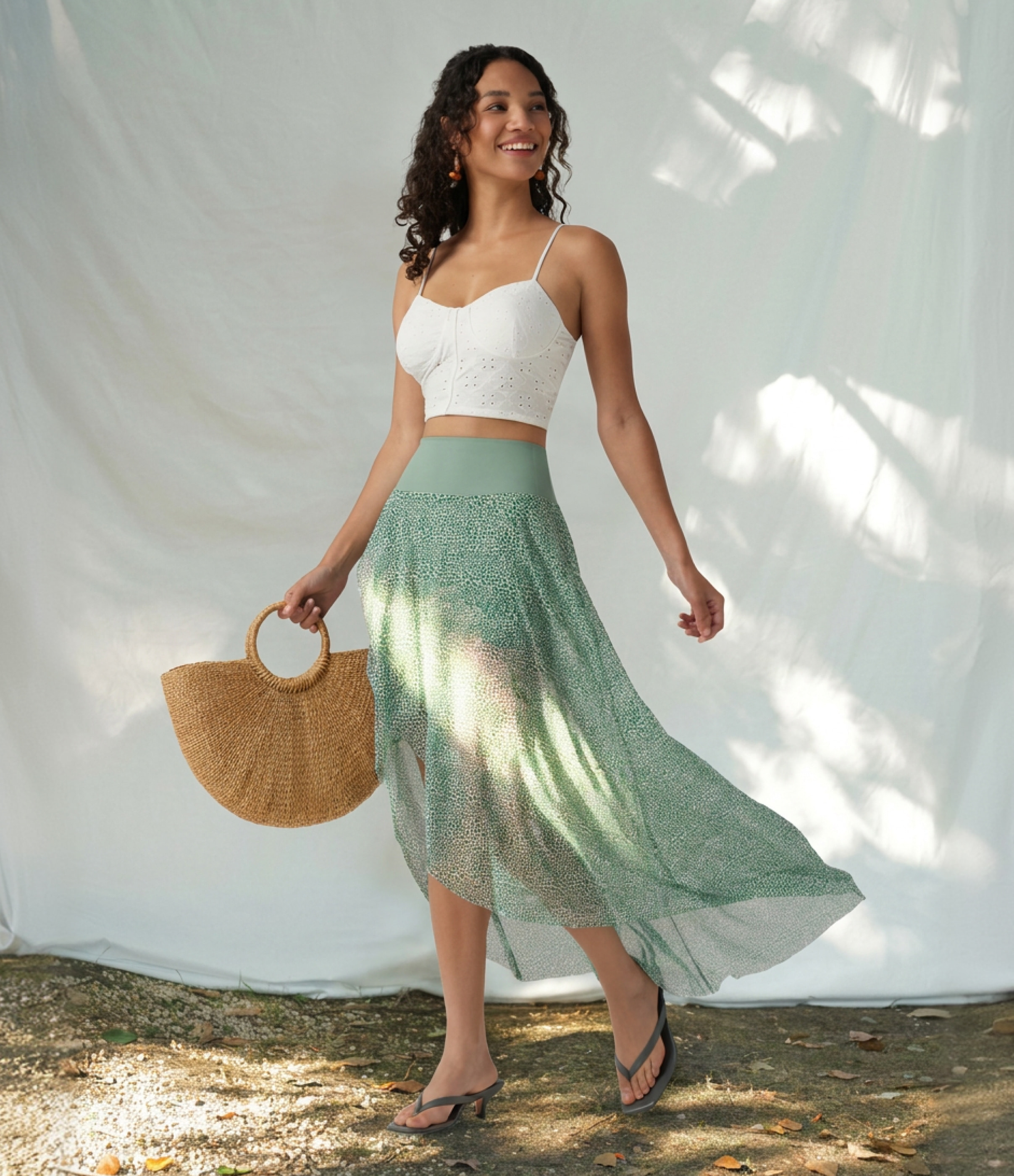 Maxi-Rock mit hohem Bund, High-Low-Volant, 2-in-1, Leopardenmuster aus Mesh
