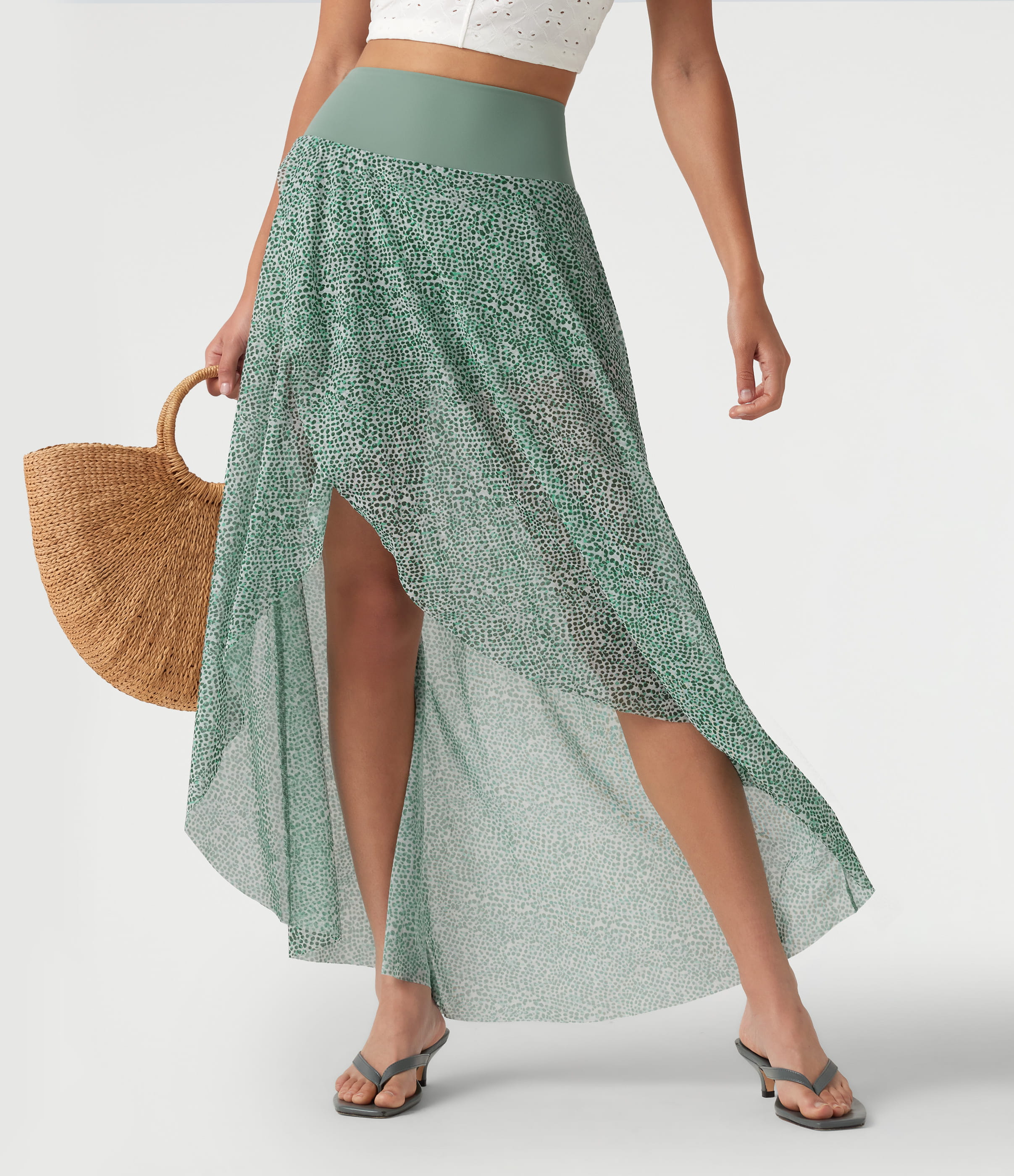 High Waisted High Low Ruffle 2-in-1 Leopard Print Mesh Maxi Skirt