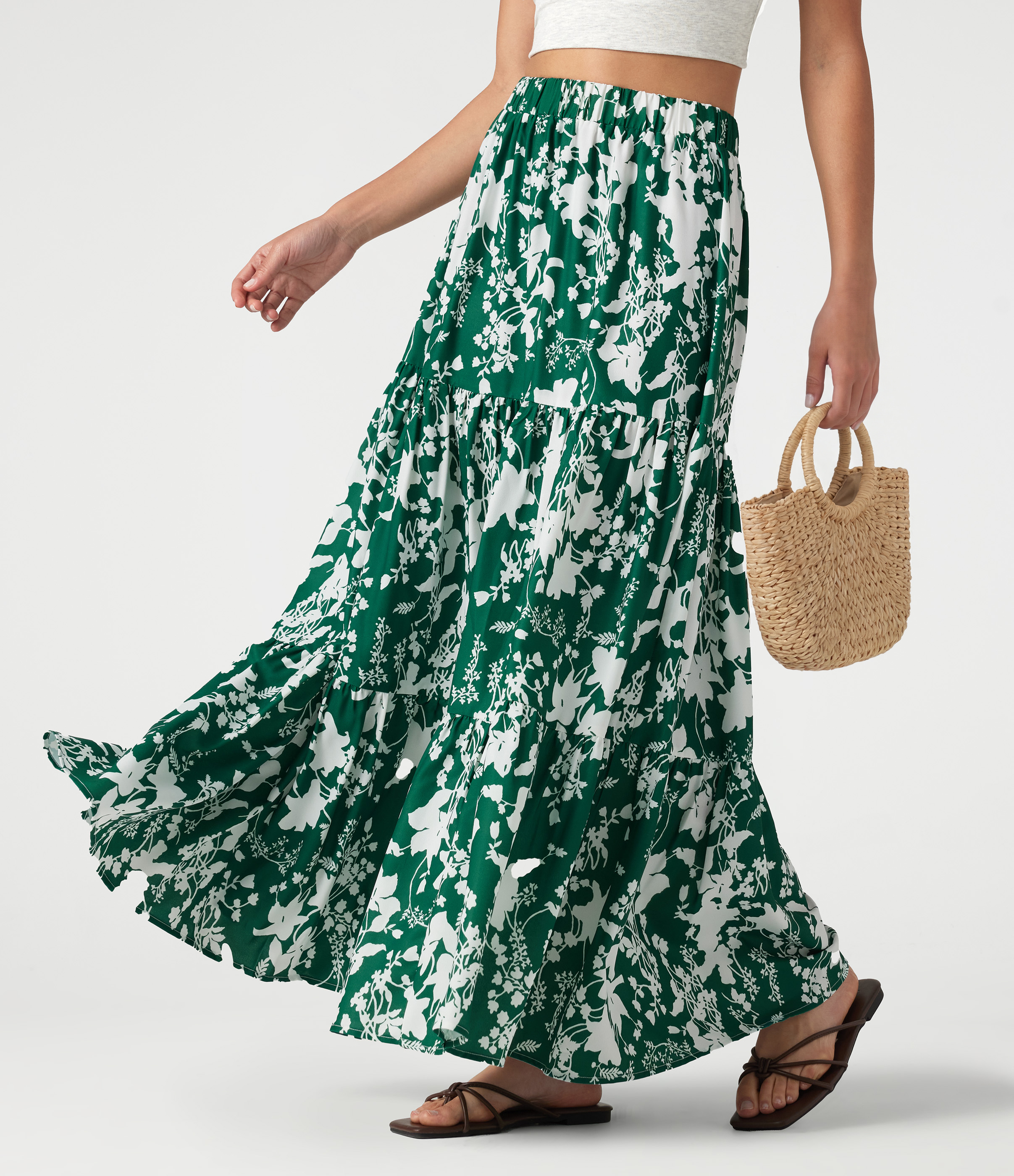 Jupe longue fluide taille haute à volants superposés imprimé floral pour les vacances