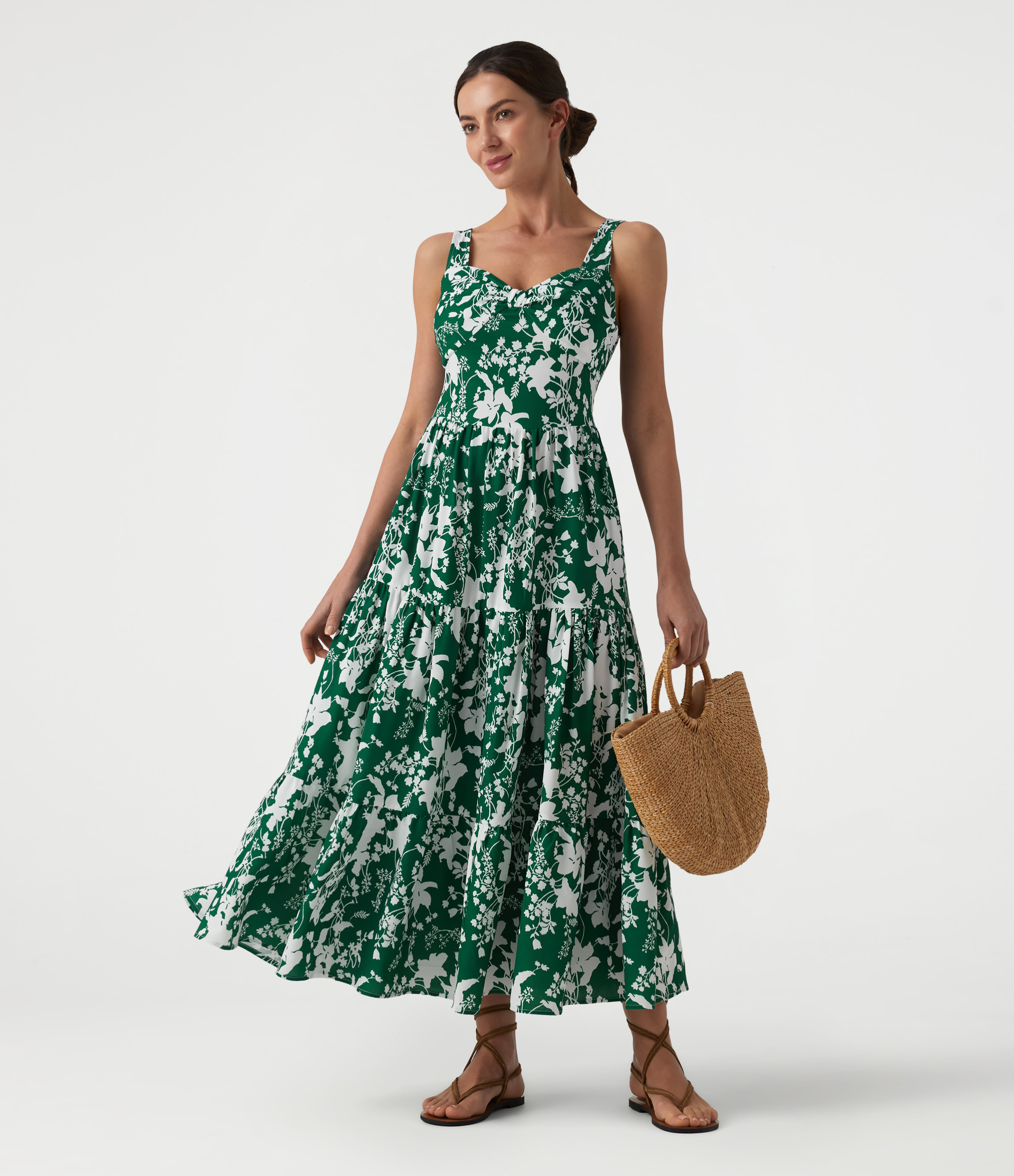 Robe longue resort décolleté cœur sans manches imprimé floral avec laçage