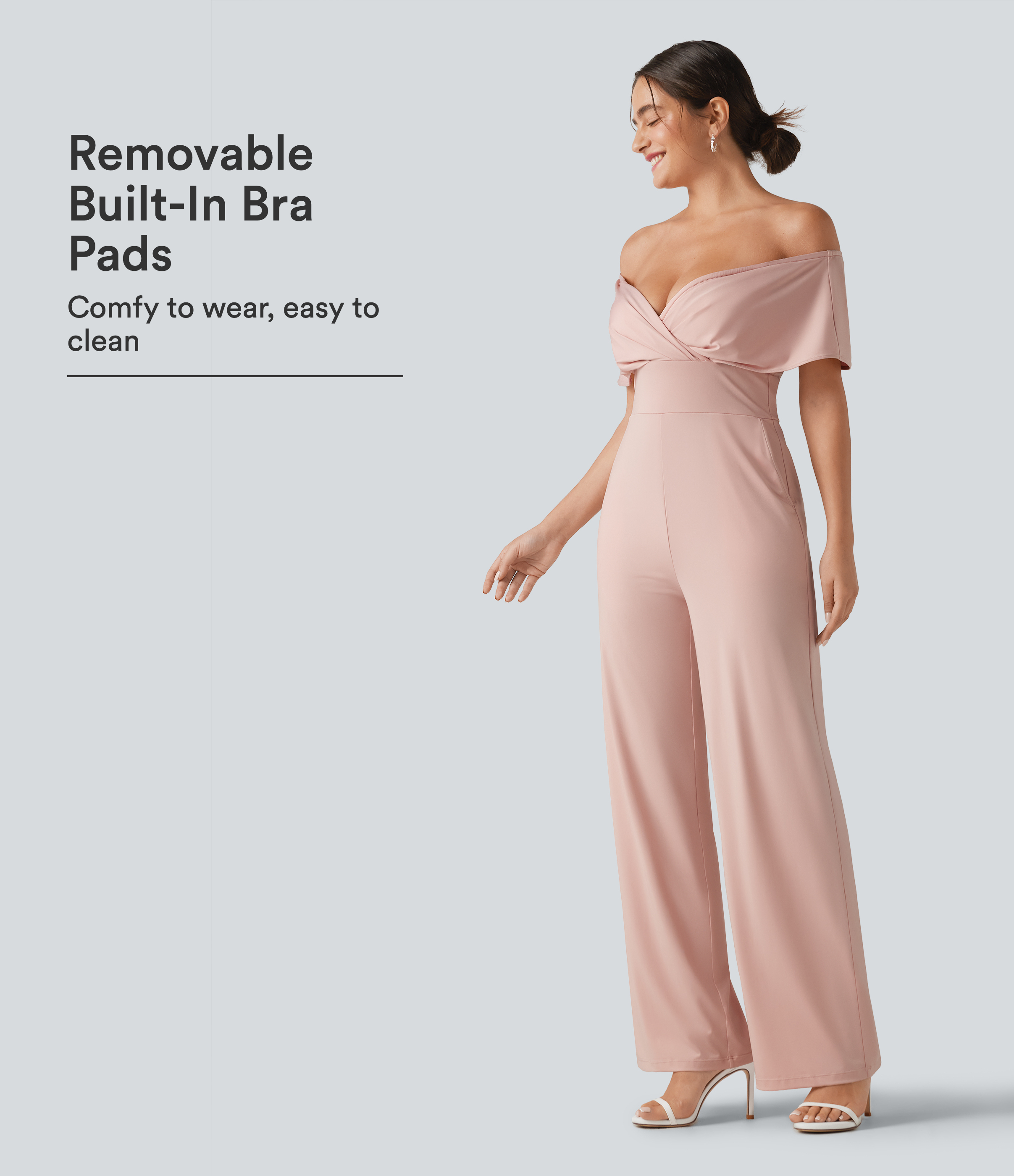 Off Shoulder Built-in Bra Short Sleeve Casual Jumpsuit with Pockets
