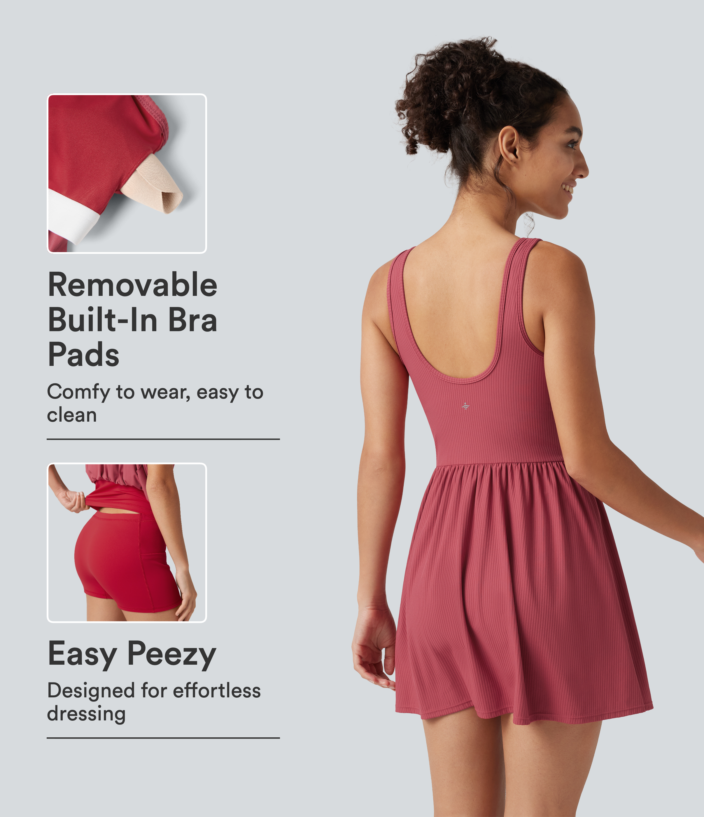 Ribbed Henley Neck Built-in Bra 2-in-1 Mini Tennis Active Tank Dress with Pockets-Easy Peezy Edition