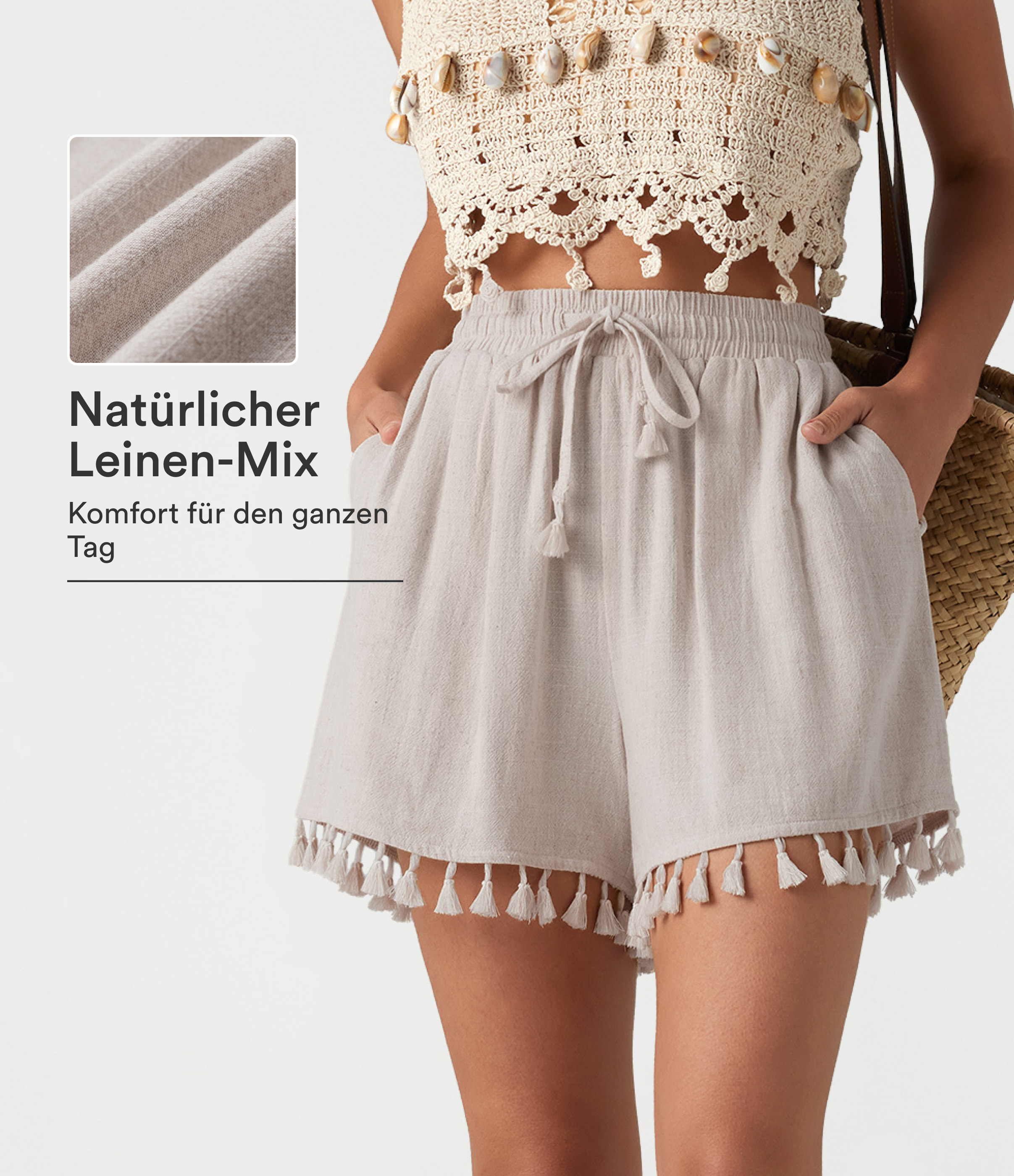 Lässige Baggy-Shorts aus Leinenmischgewebe mit hohem Bund, Seitentaschen, Kordelzug und Fransensaum