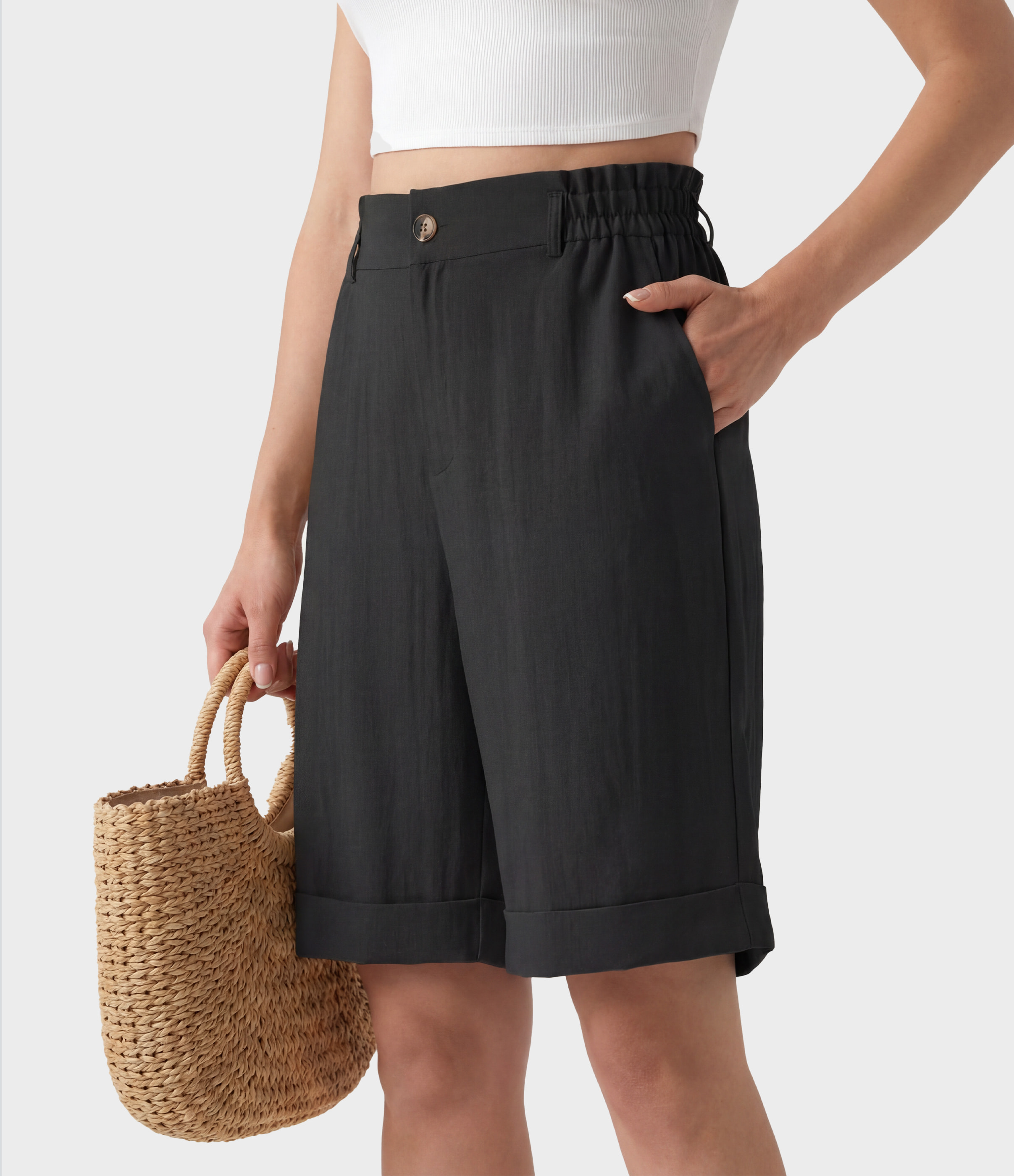 High Waisted Rolled Hem Linen-Feel Resort Bermuda Shorts 10'' with Pockets