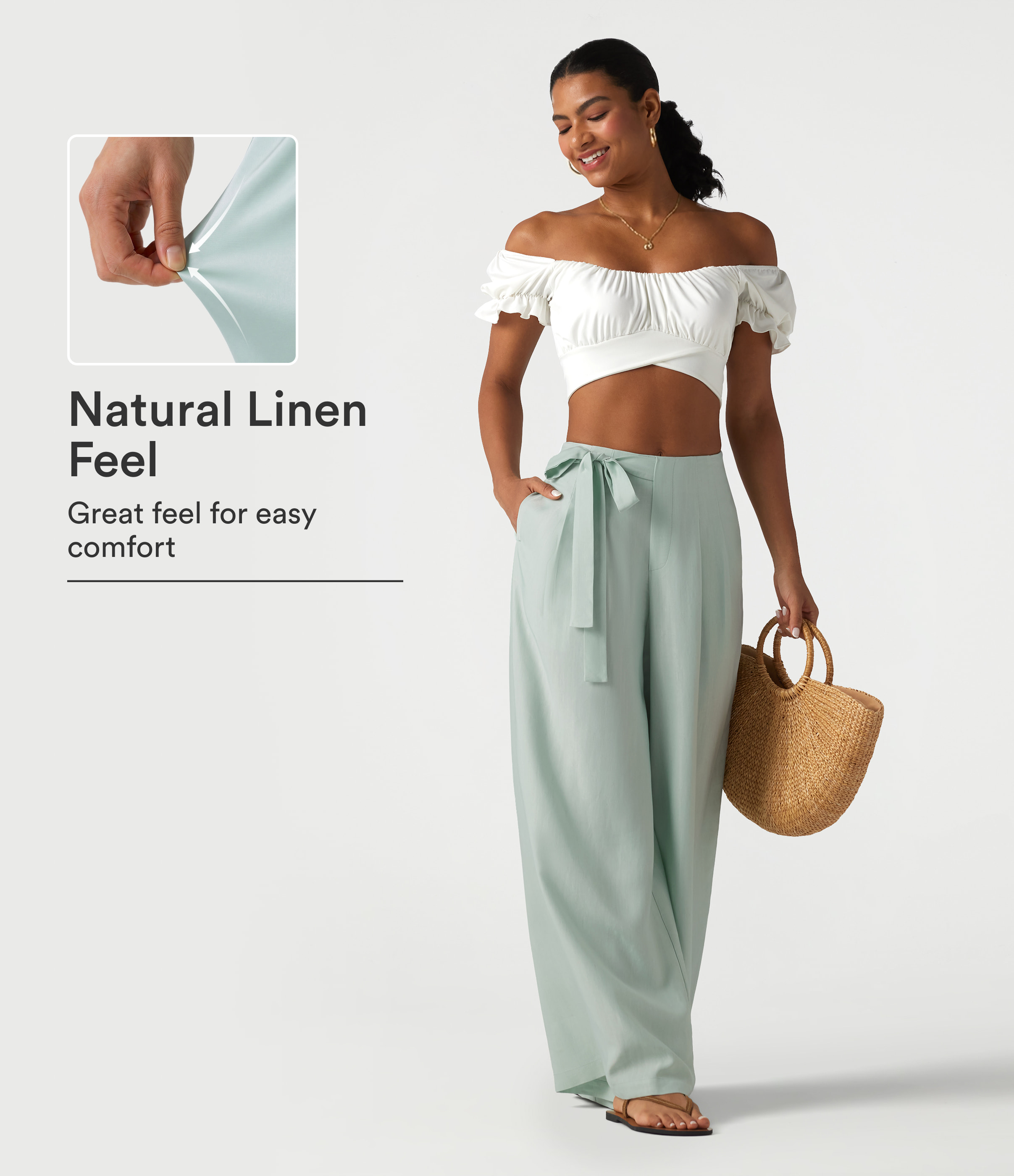 High Waisted Tie Side Baggy Linen-Blend Pants with Pockets