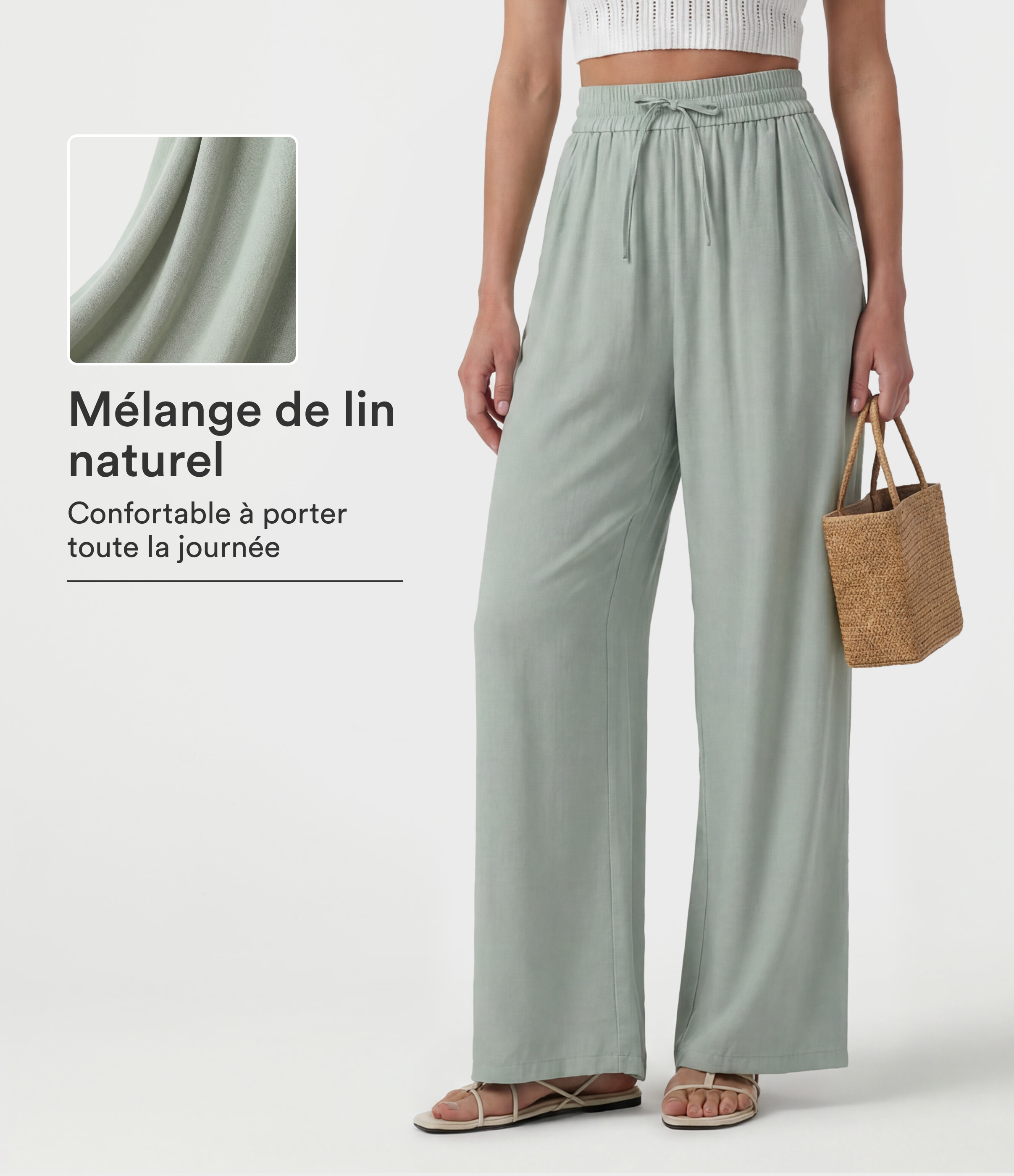 Pantalon casual large mélange lin taille haute avec cordon de serrage et poches