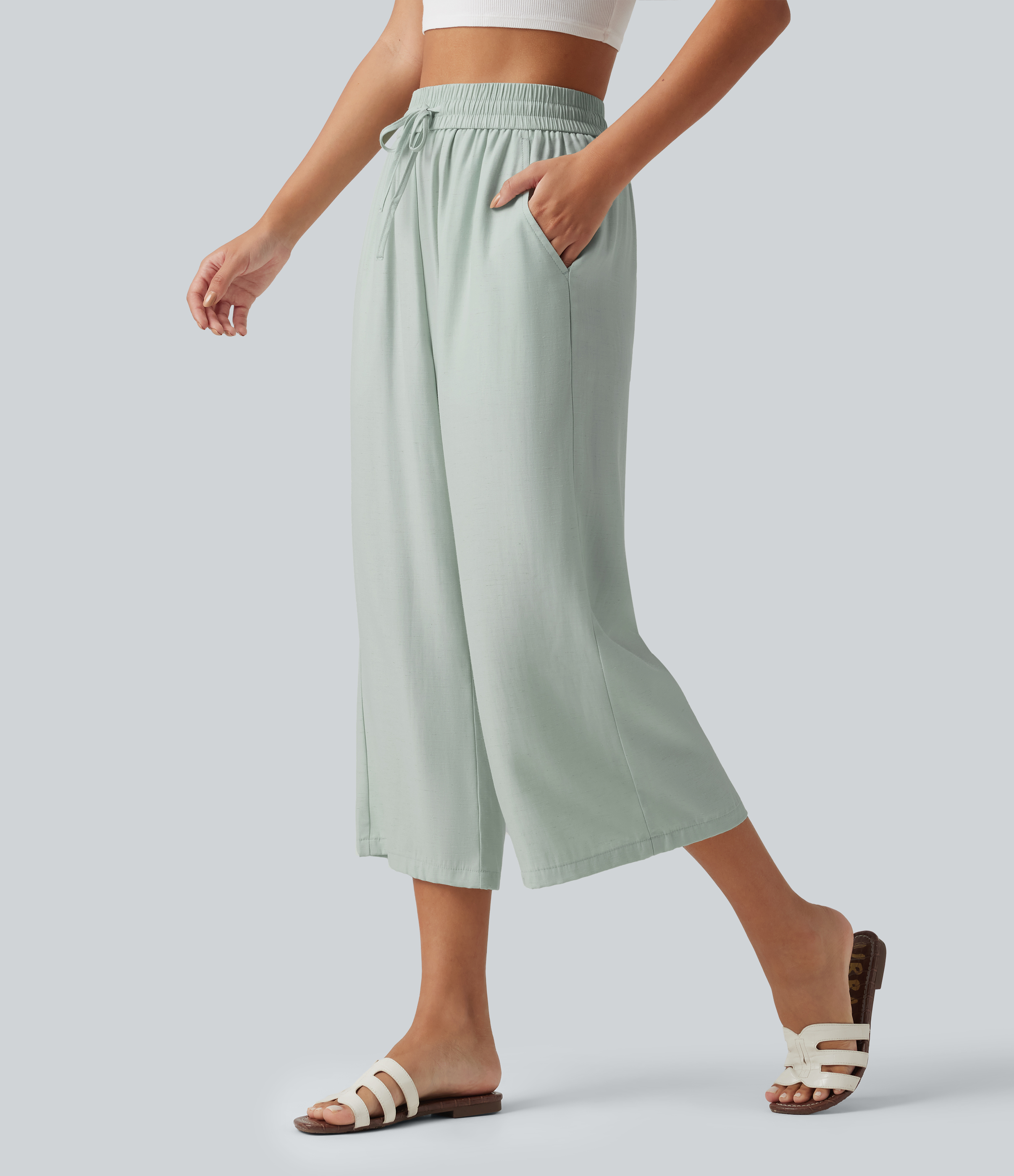 High Waisted Drawstring Wide Leg Cropped Casual Linen-Blend Pants with Pockets