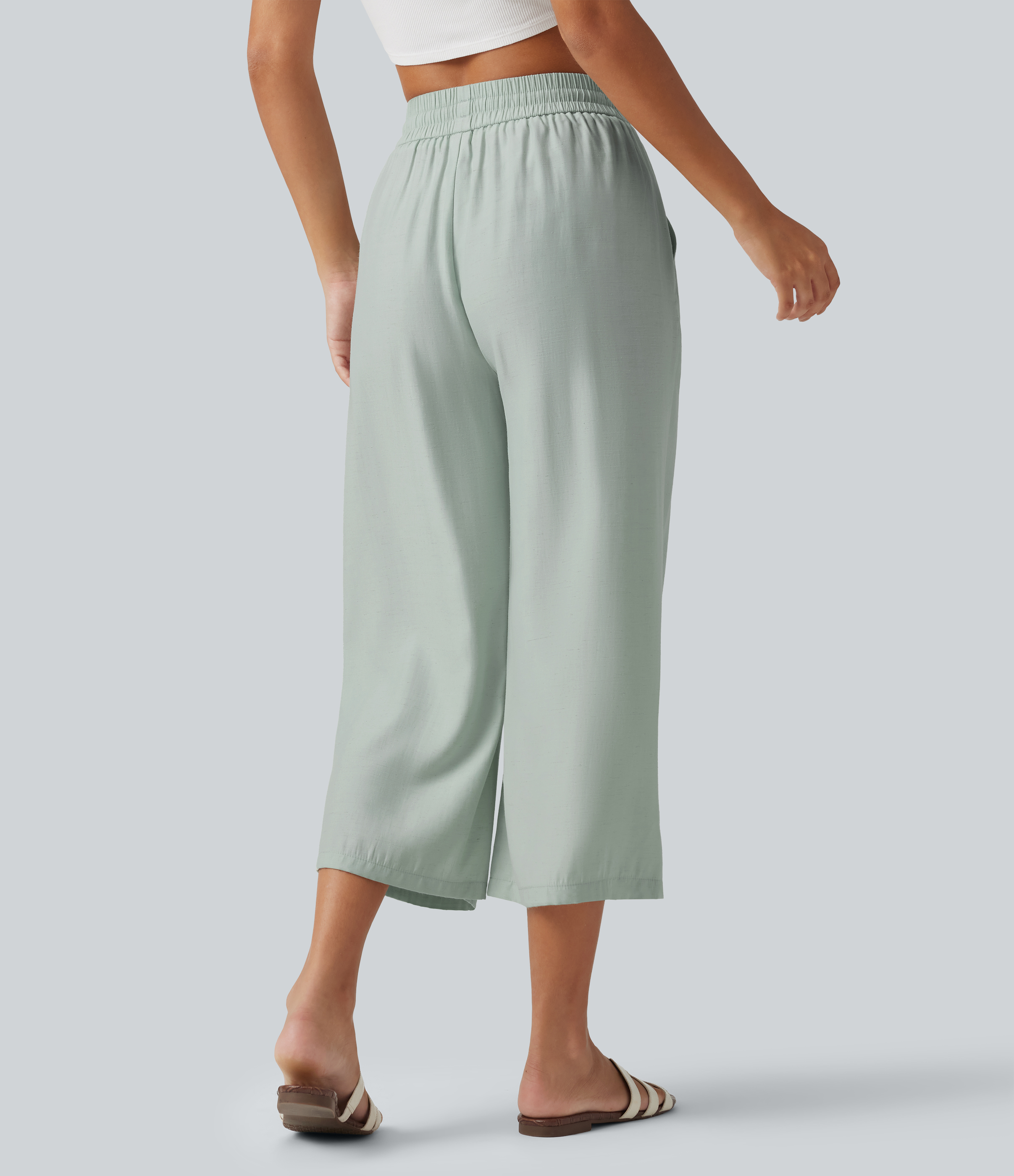 Seafoam High Waisted Drawstring Wide Leg Cropped Casual Linen-Blend Trousers with Pockets / 2