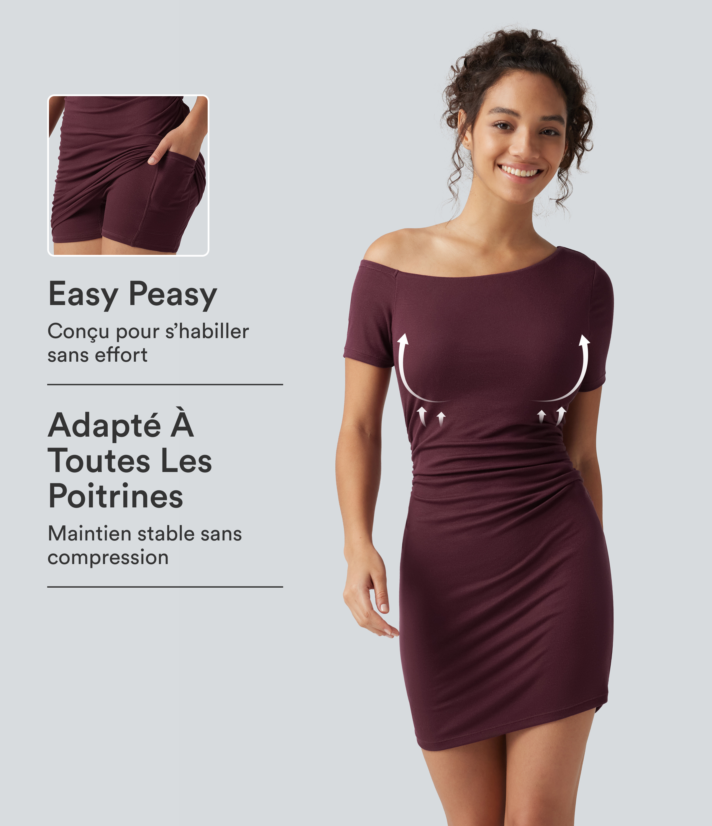 Robe-short mini moulante côtelée asymétrique accès facile Easy Peasy avec coussinets amovibles, poches et bonnets B à E