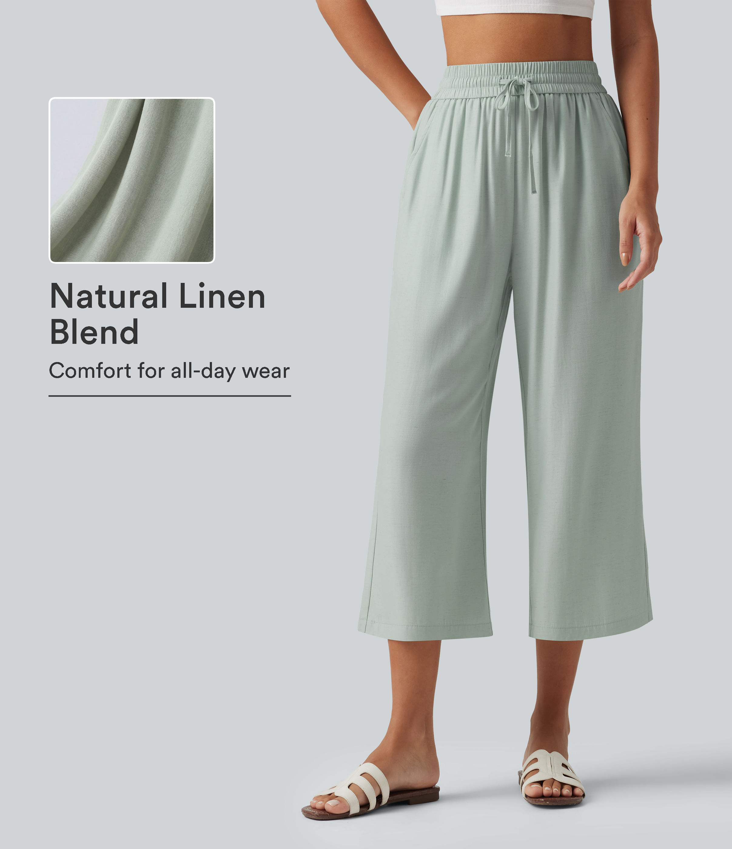 High Waisted Drawstring Wide Leg Cropped Casual Linen-Blend Pants with Pockets