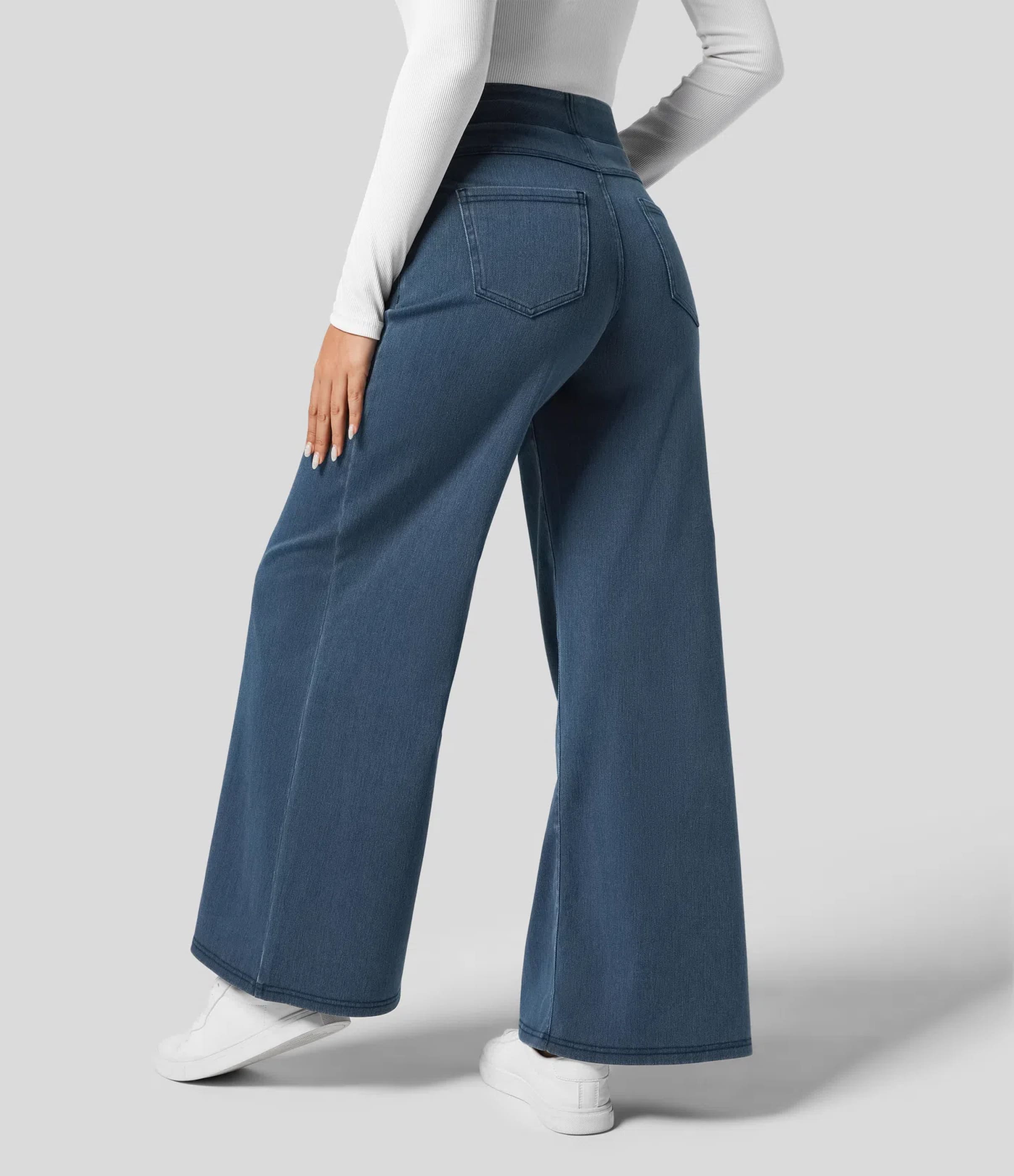 Washed Denim Bleached Blue Halara Flex™ High Waisted Pockets Wide Leg Loose Work Jeans / 2