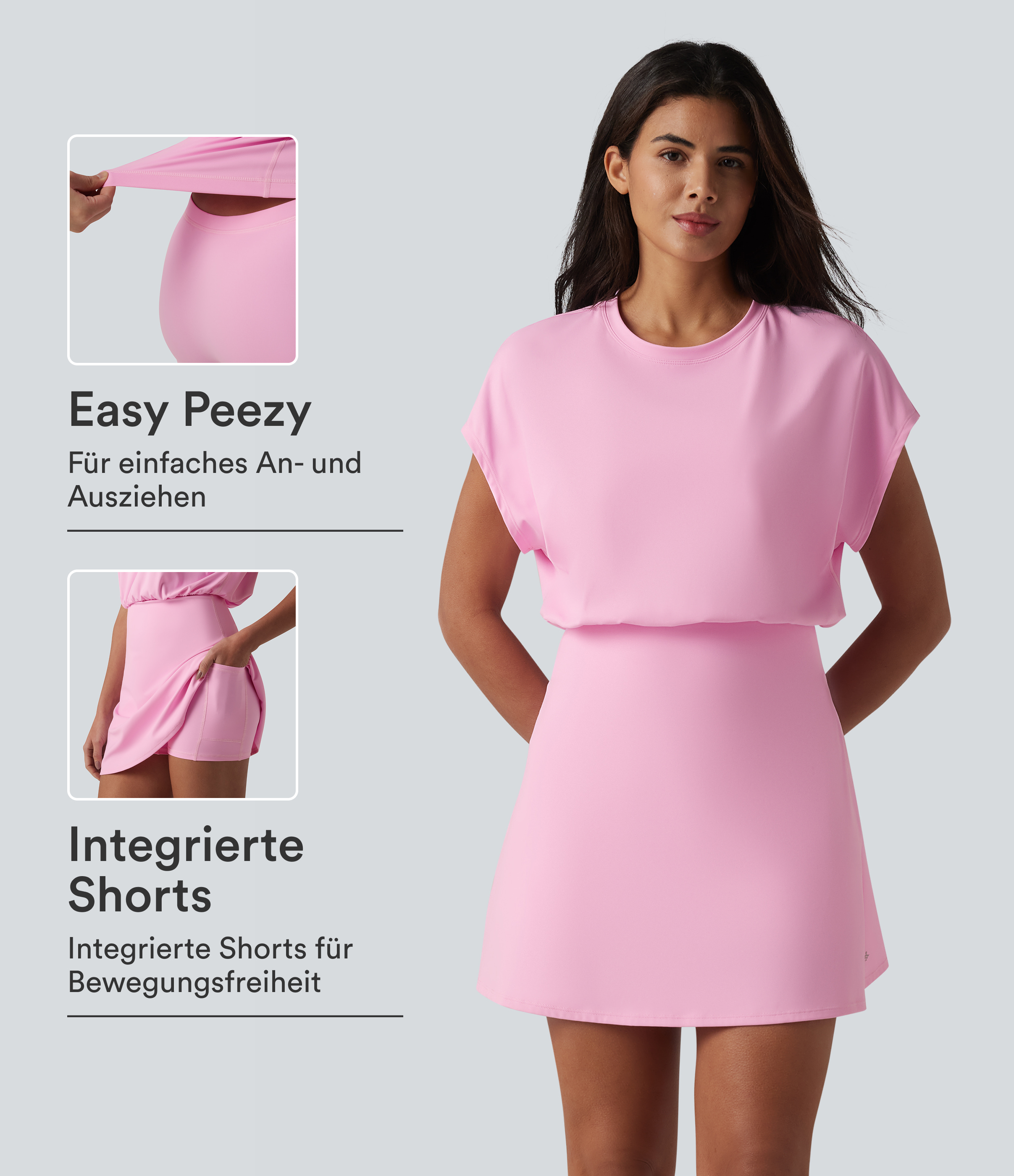 Softlyzero™ Airy - 2-ni-1 Yoga-Minikleid mit Rundhalsausschnitt, Seitentaschen, kurzen Ärmeln und InstantCool - Easy Peezy Edition