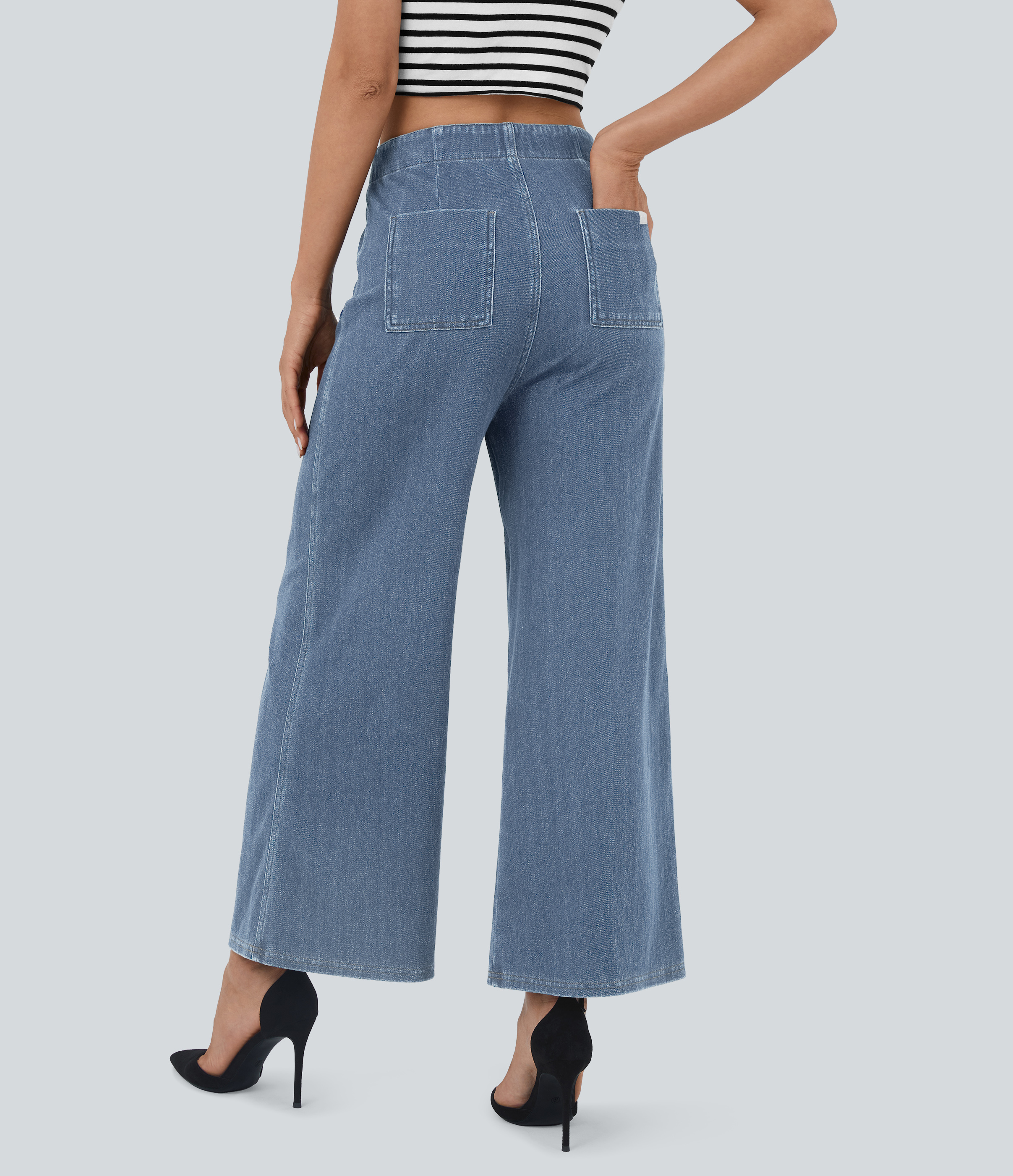Blue Ice Denim Halara Flex™ High Waisted Pockets Washed Smart Casual Women Wide Leg Baggy Denim Jeans / 2