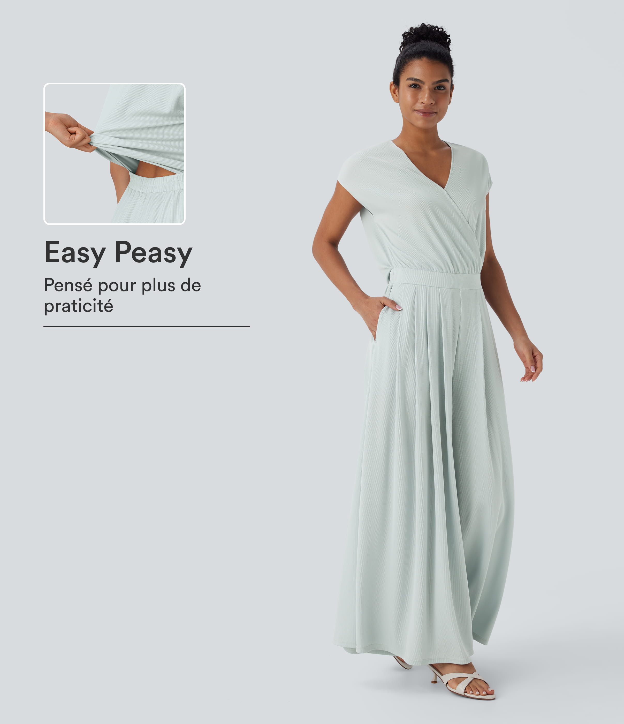 Combinaison fluide en tissu gaufré, col V, manches courtes, jambes larges et poches latérales - Easy Peasy Edition
