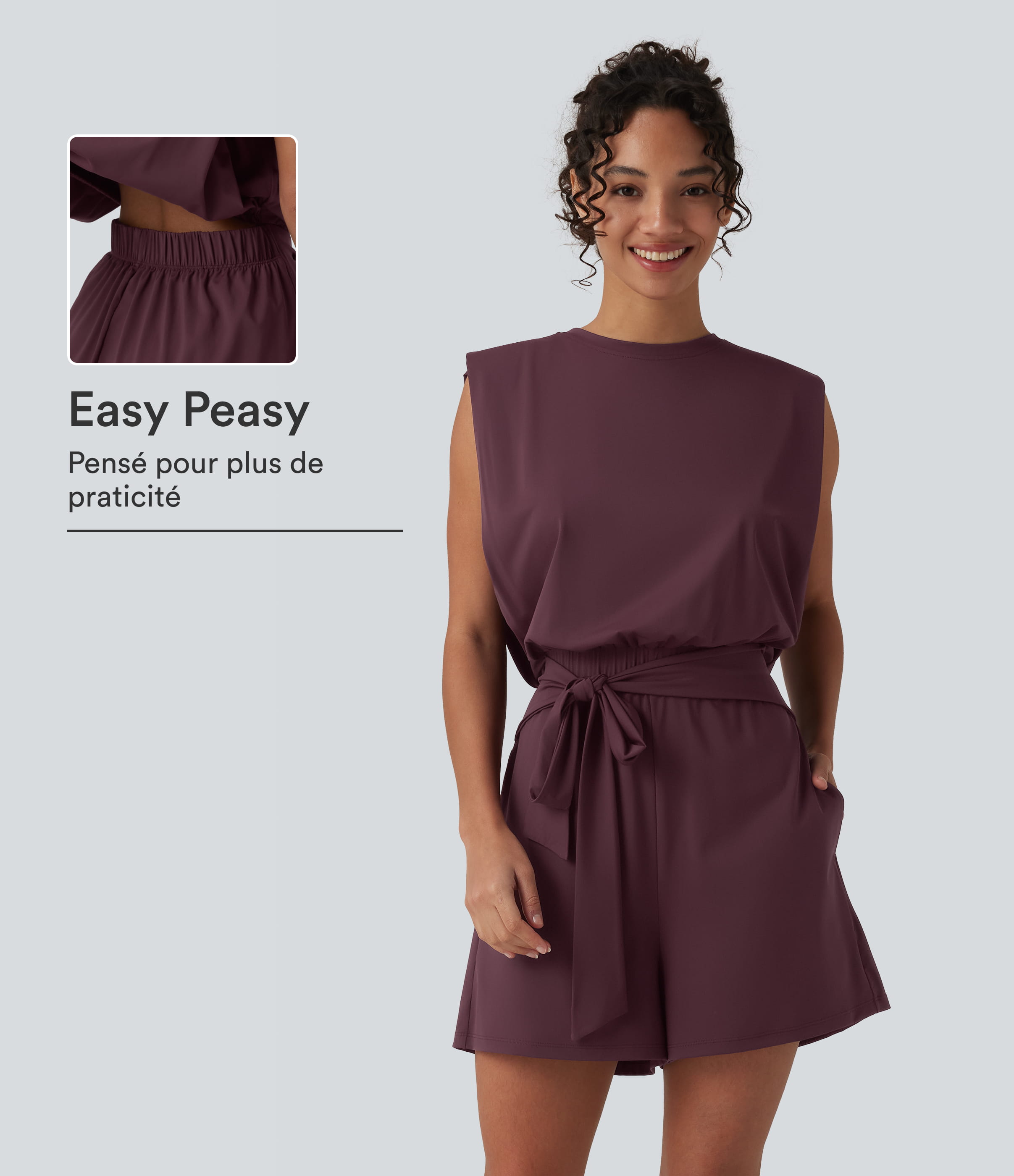 Combishort décontracté col rond sans manches effet frais InstantCool avec nœud frontal et poches, accès facile Easy Peasy, protection solaire UPF50+