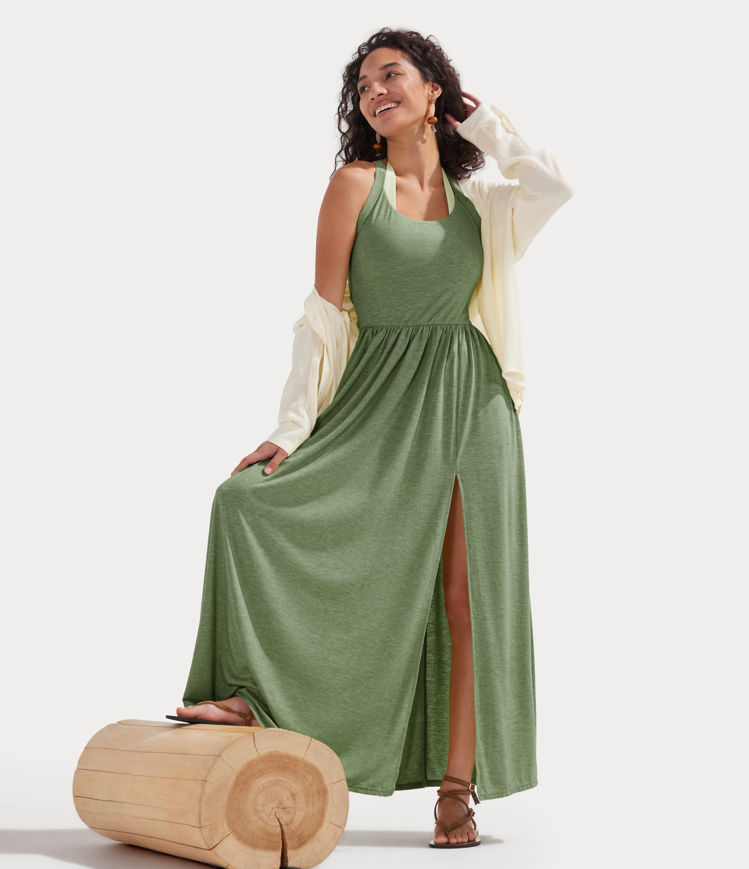 Light Green Floral Yarn Twisted Backless Split Flowy Maxi Resort Dress with Pockets / 2