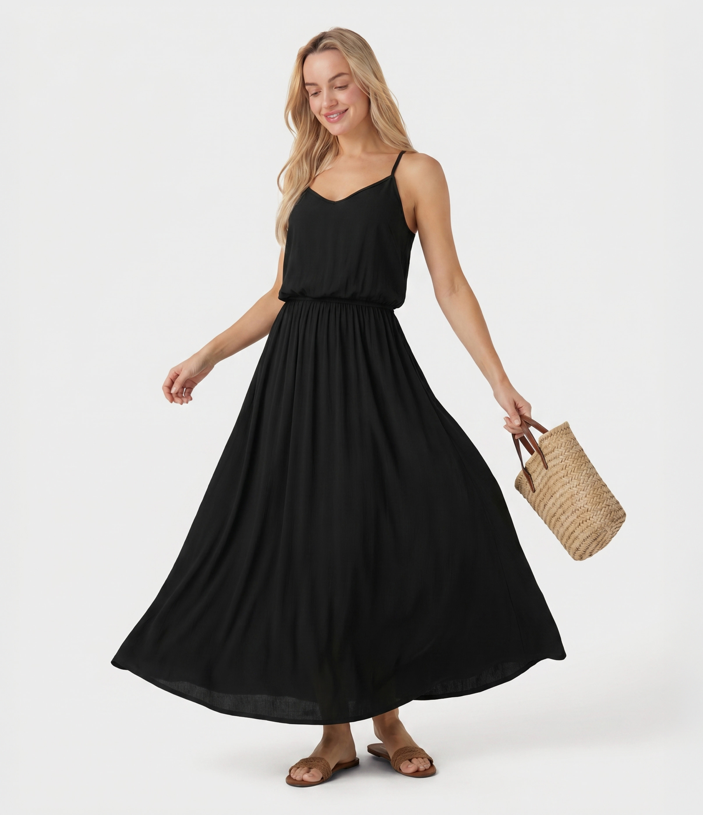 Negro Vestido lencero maxi, fluido, con bolsillos / 2