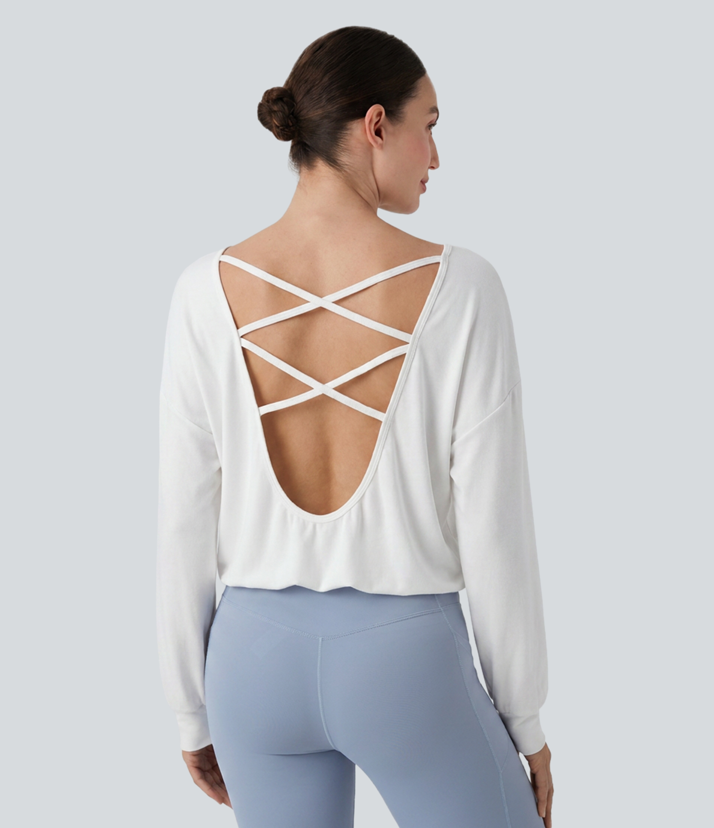 Crisscross Backless Scoop Neck Long Sleeve Yoga Cotton Sports Top