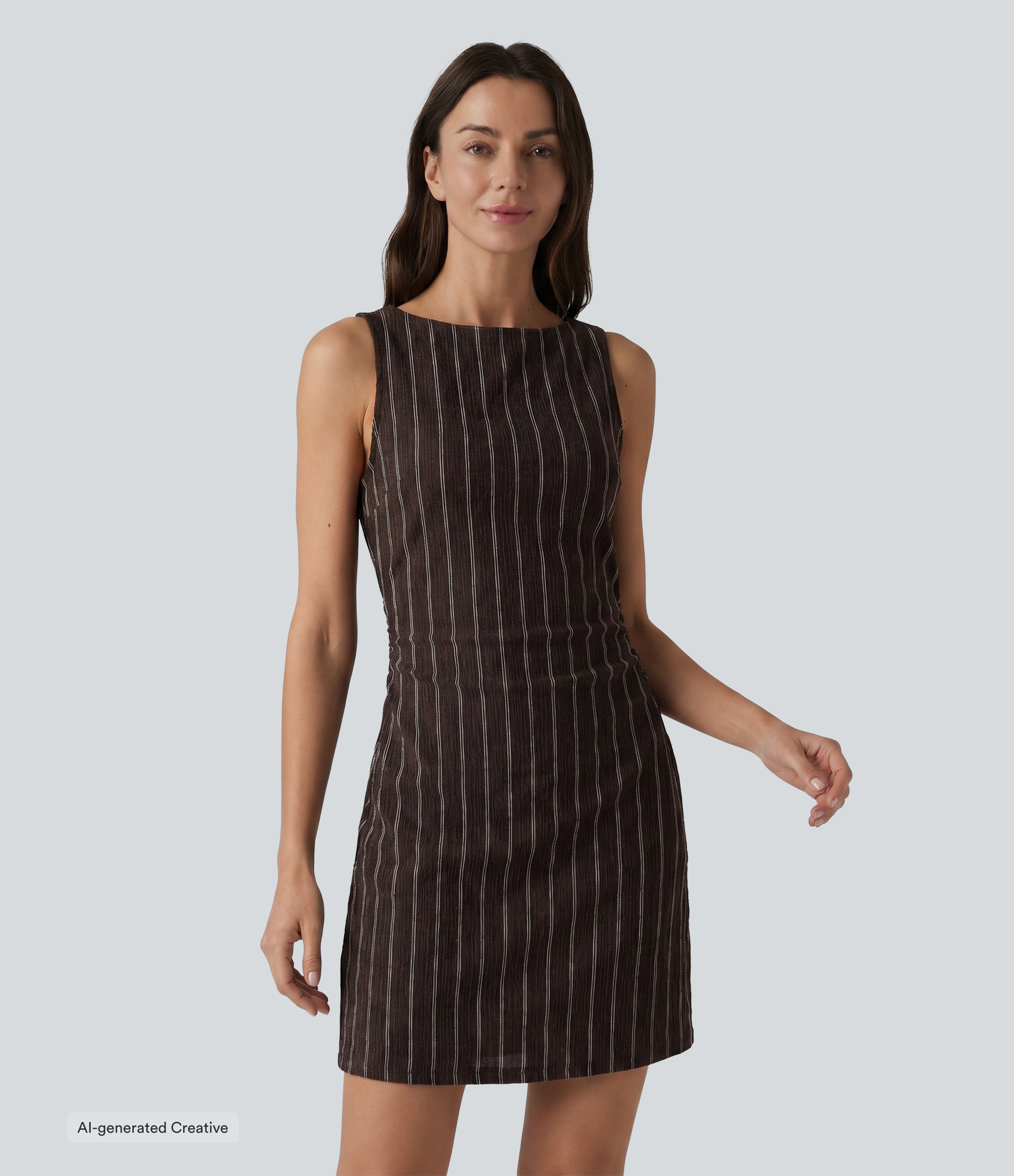 Cafe Dual Stripe Vestido mini casual a rayas, sin mangas, con escote barco y bolsillos / 1