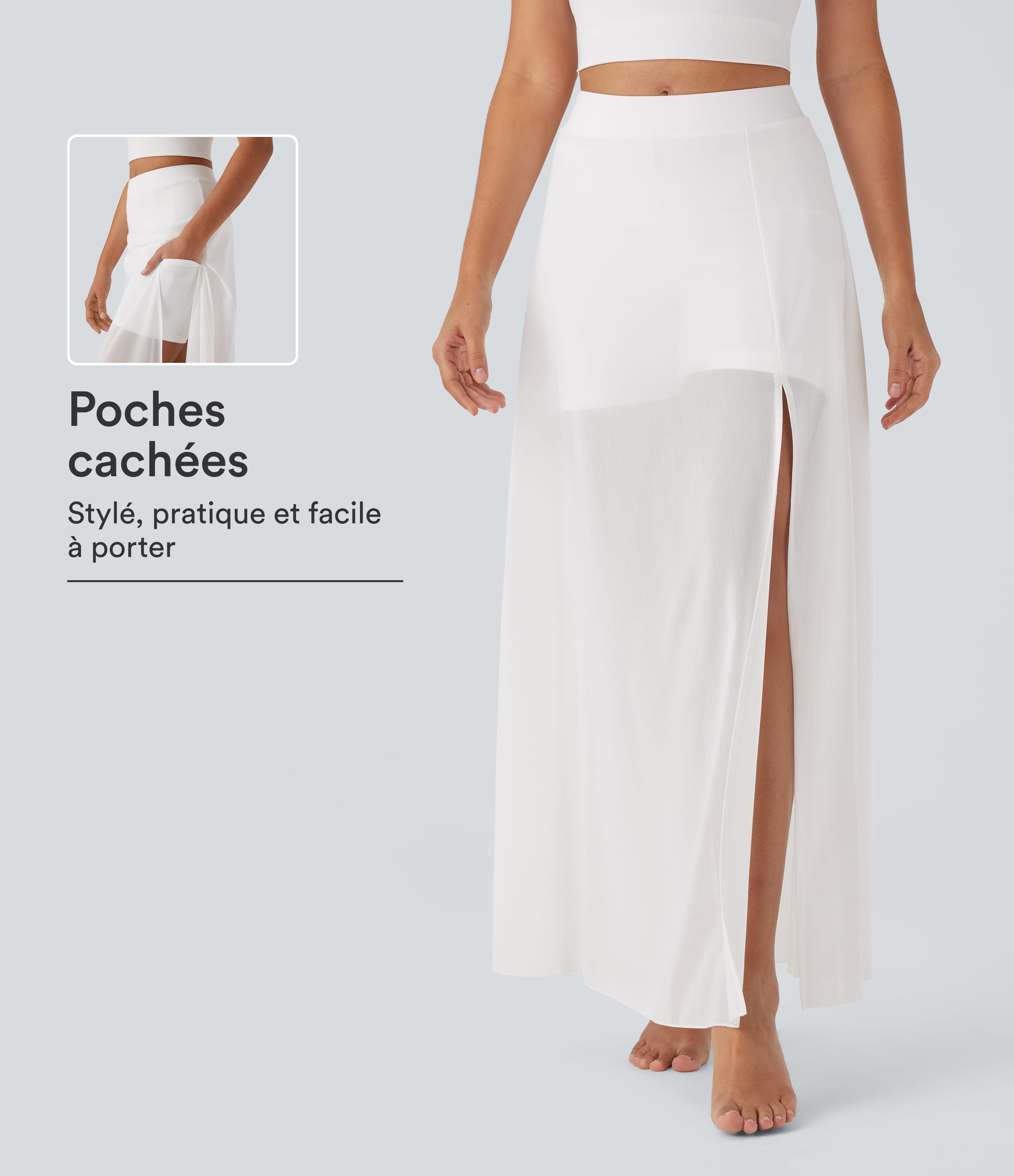 Jupe maxi fluide de danse 2-en-1 à taille mi-haute, fente et poches latérales