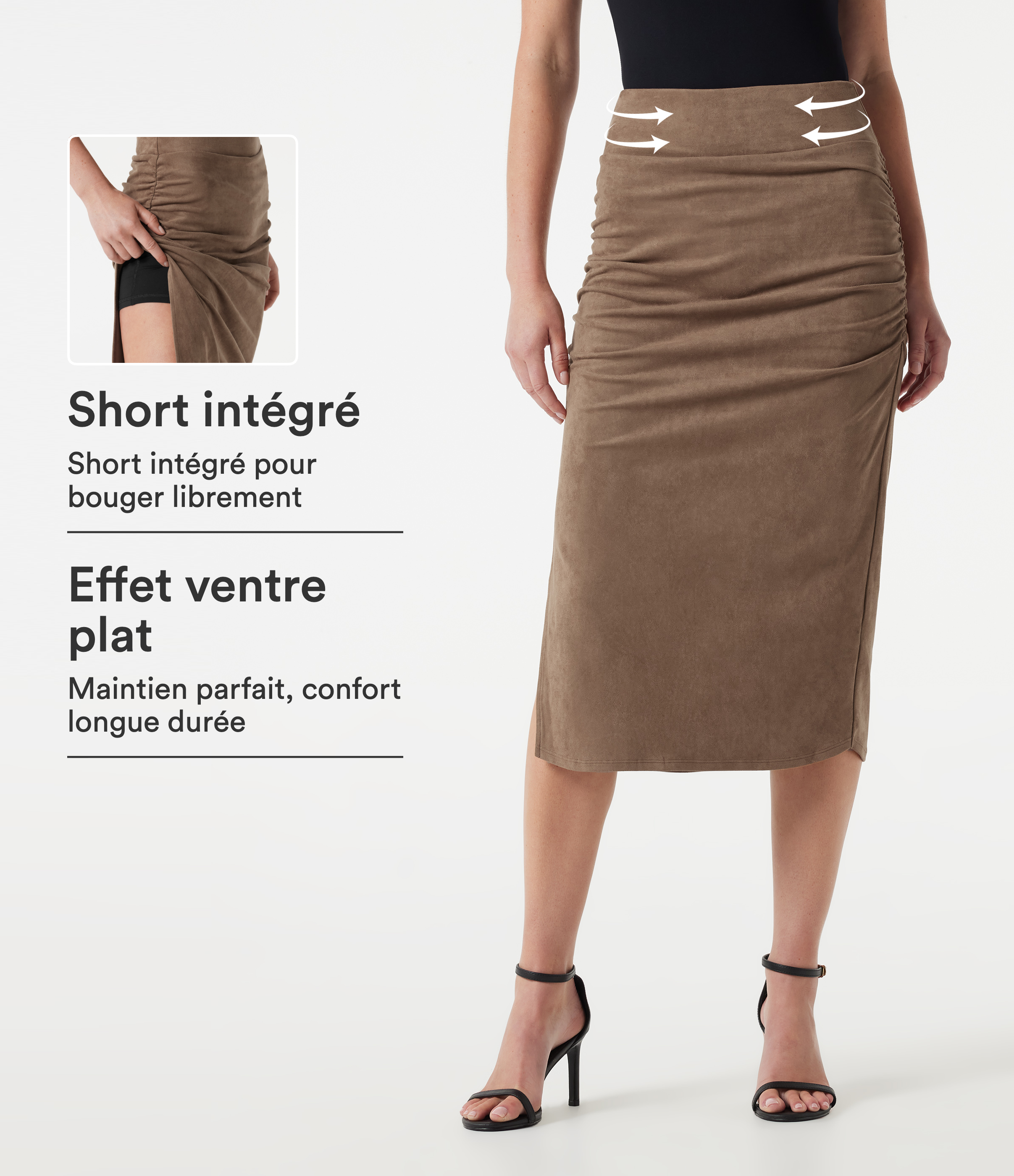 Jupe-short midi moulante taille haute effet ventre plat en suédine froncée