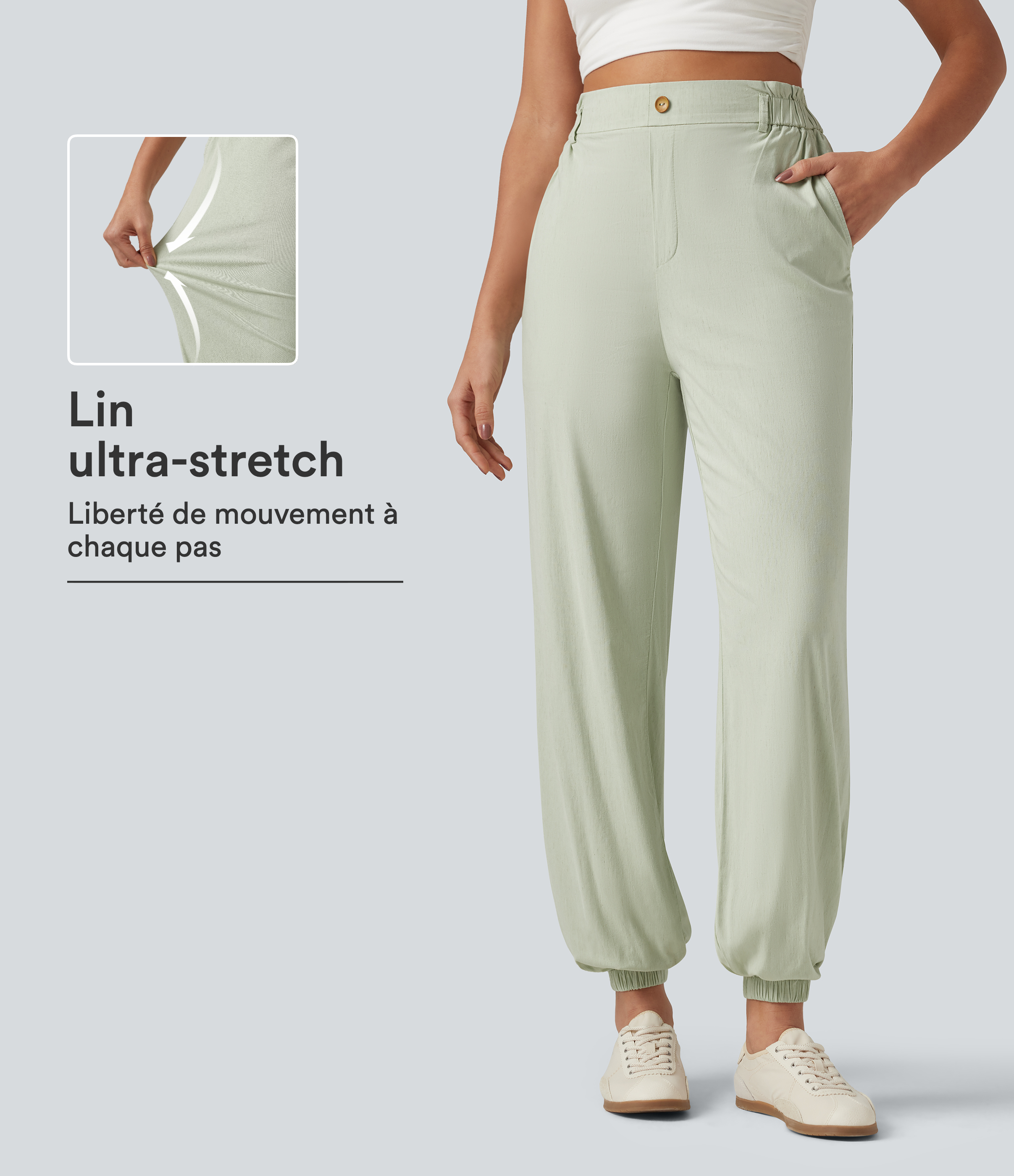 Pantalon jogging en lin stretch taille haute avec poches