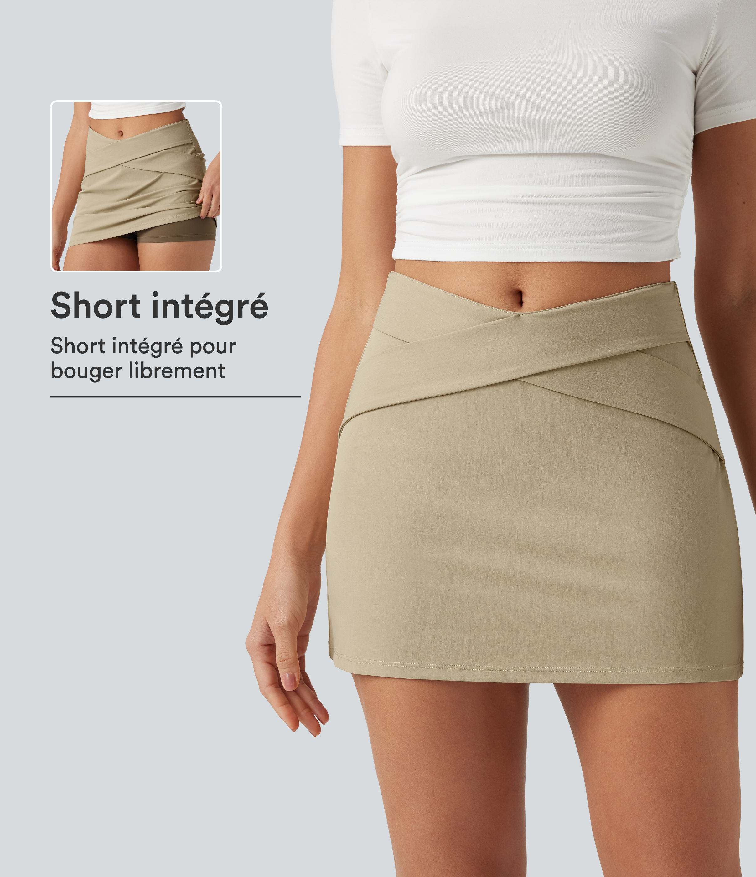 Jupe-short mini trapèze taille haute croisée en popeline extensible