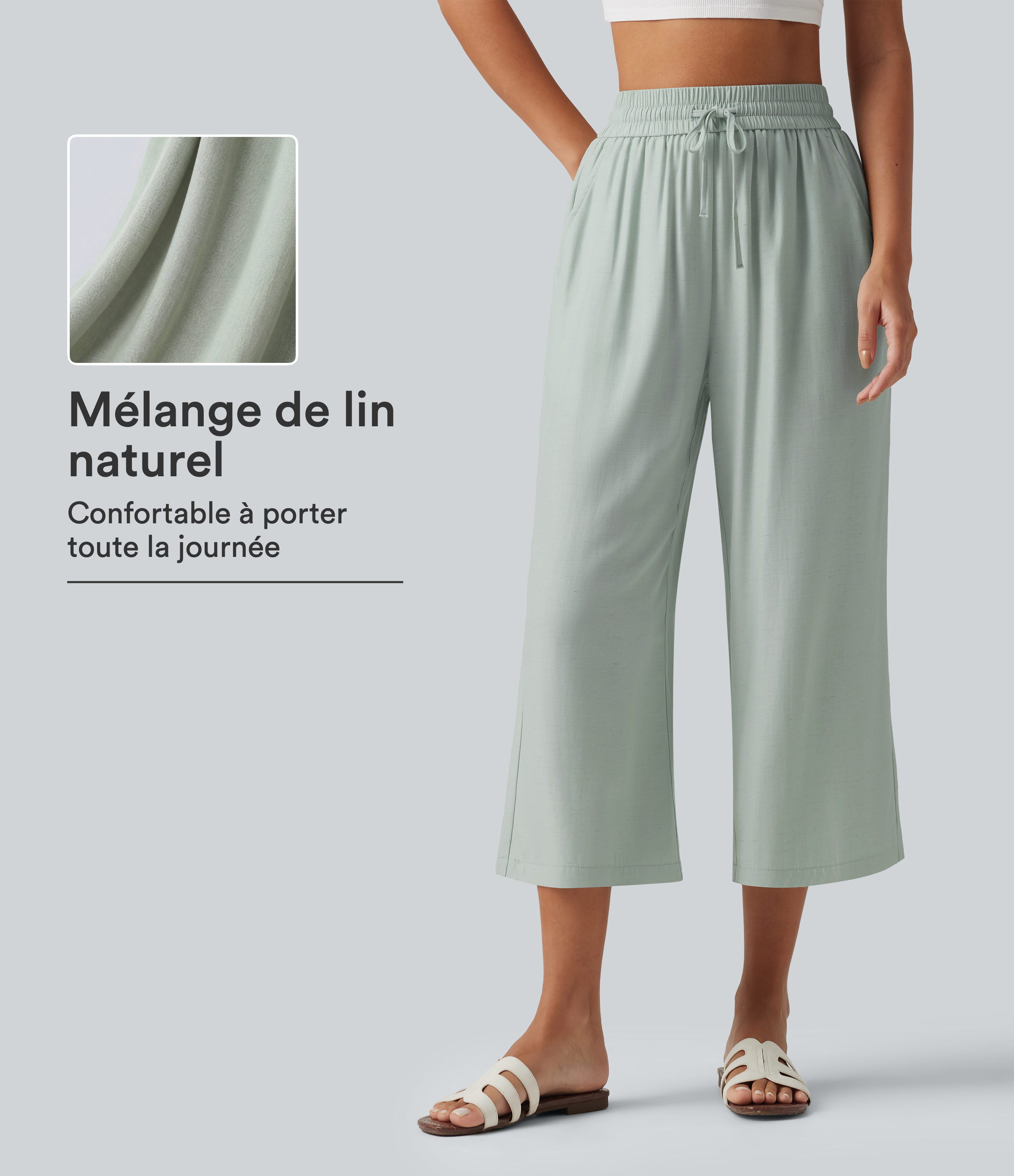 Pantalon large court taille haute en lin mélangé avec cordon de serrage et poches