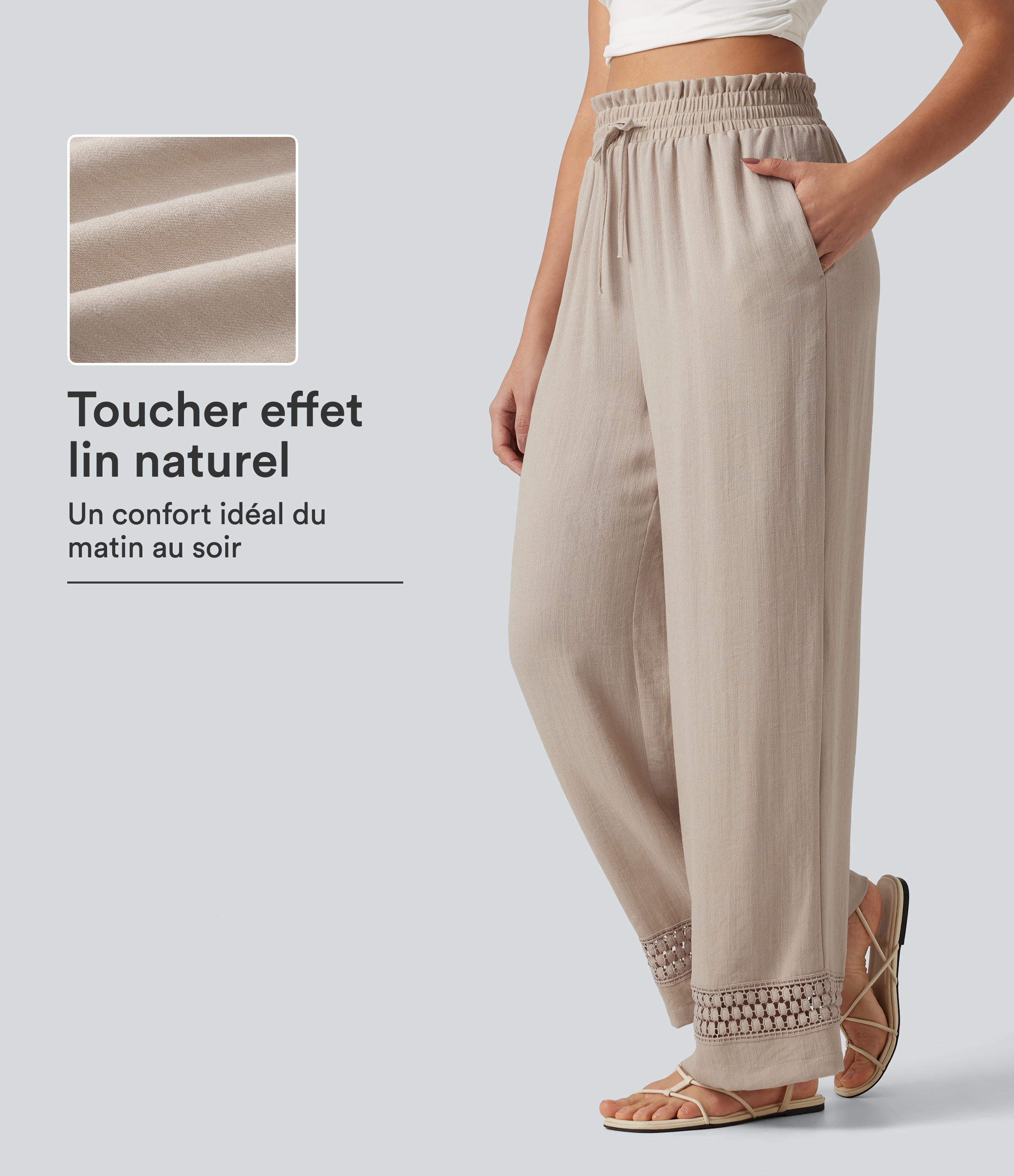 Pantalon effet lin taille haute avec cordon de serrage, bord volanté et poches