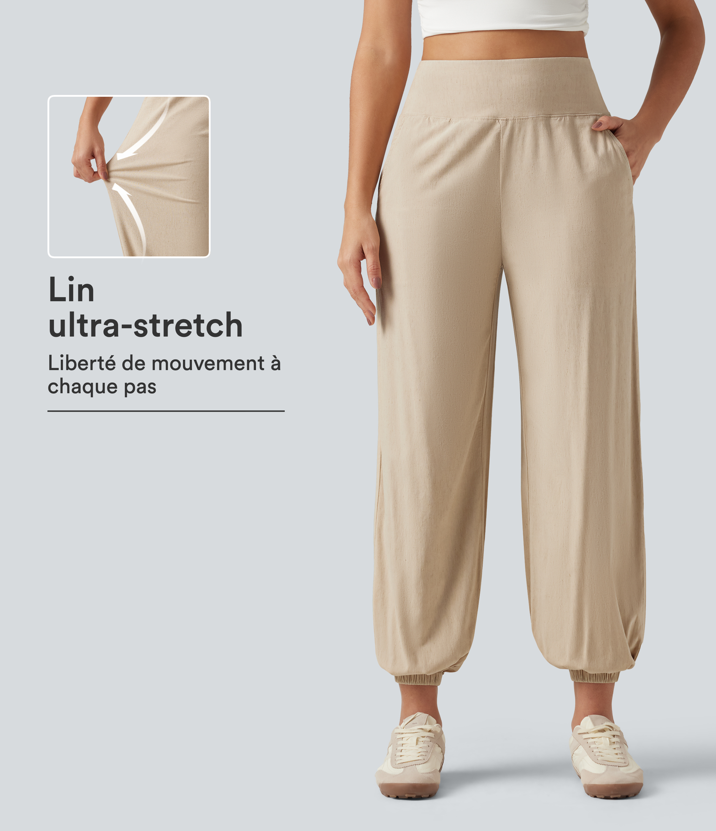 Pantalon de jogging taille haute en lin stretch avec poches