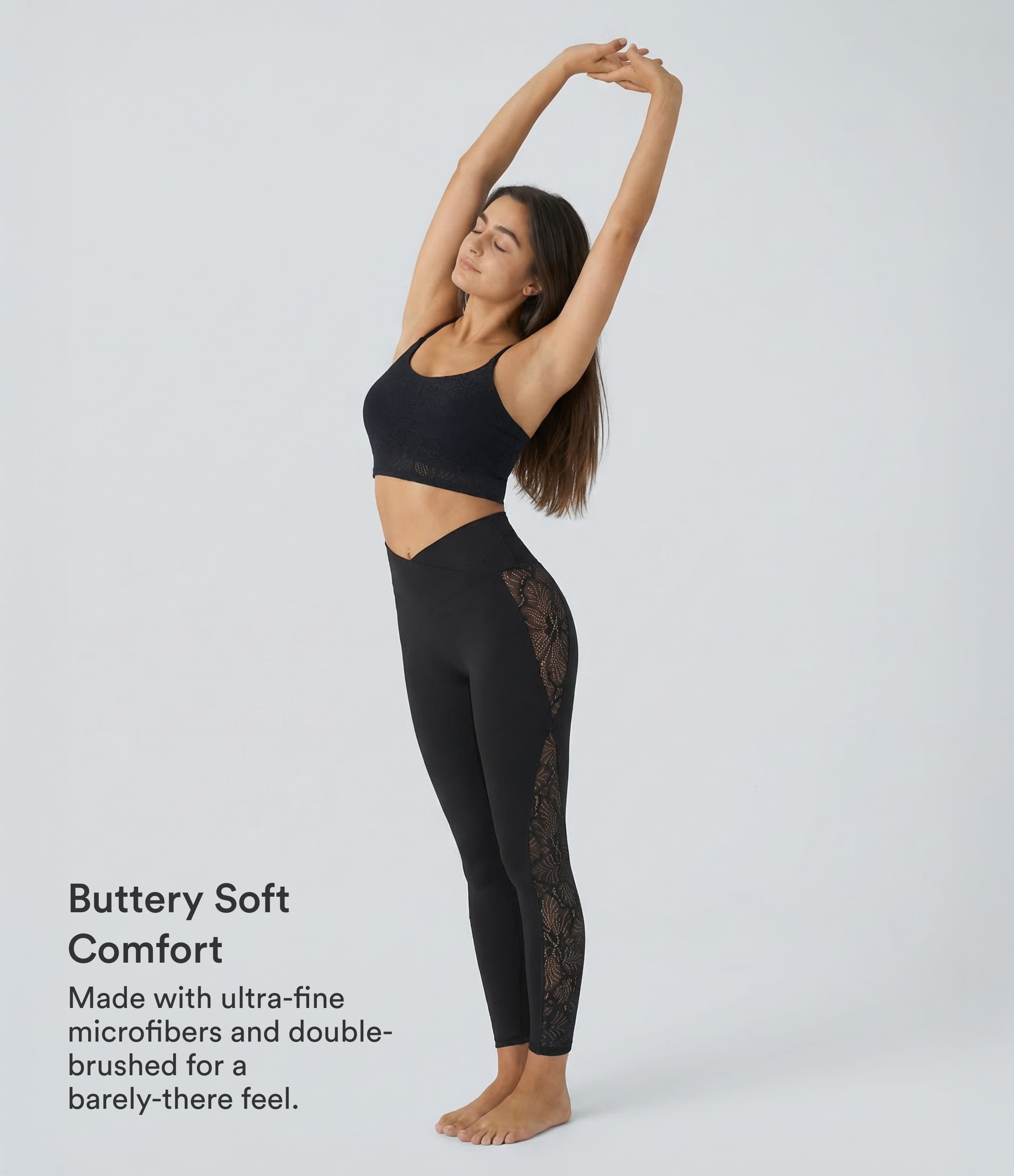 Noir SoftlyZero™ legging de yoga taille haute à empiècement croisé, avec poche en dentelle contrastante / 2